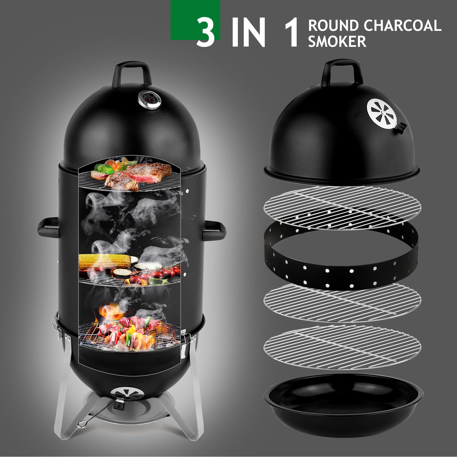 4-Tier 3-in-1 Vertical Charcoal Grill Outdoor BBQ Charcoal Smoker