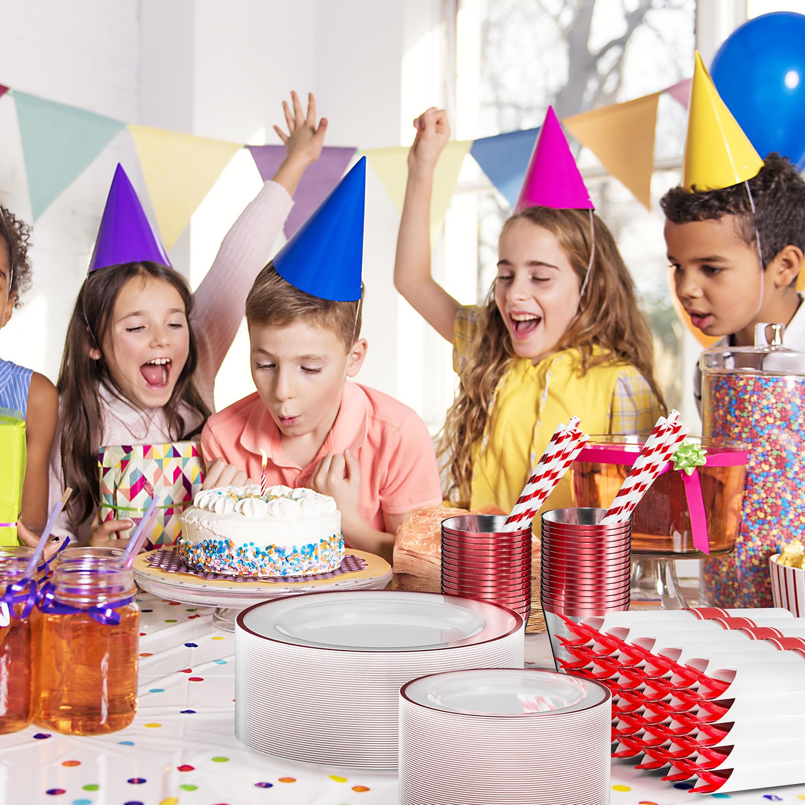 ROVSUN 400 Pieces Pre Rolled Napkins Red Disposable Plastic Dinnerware Set for 50 Guests