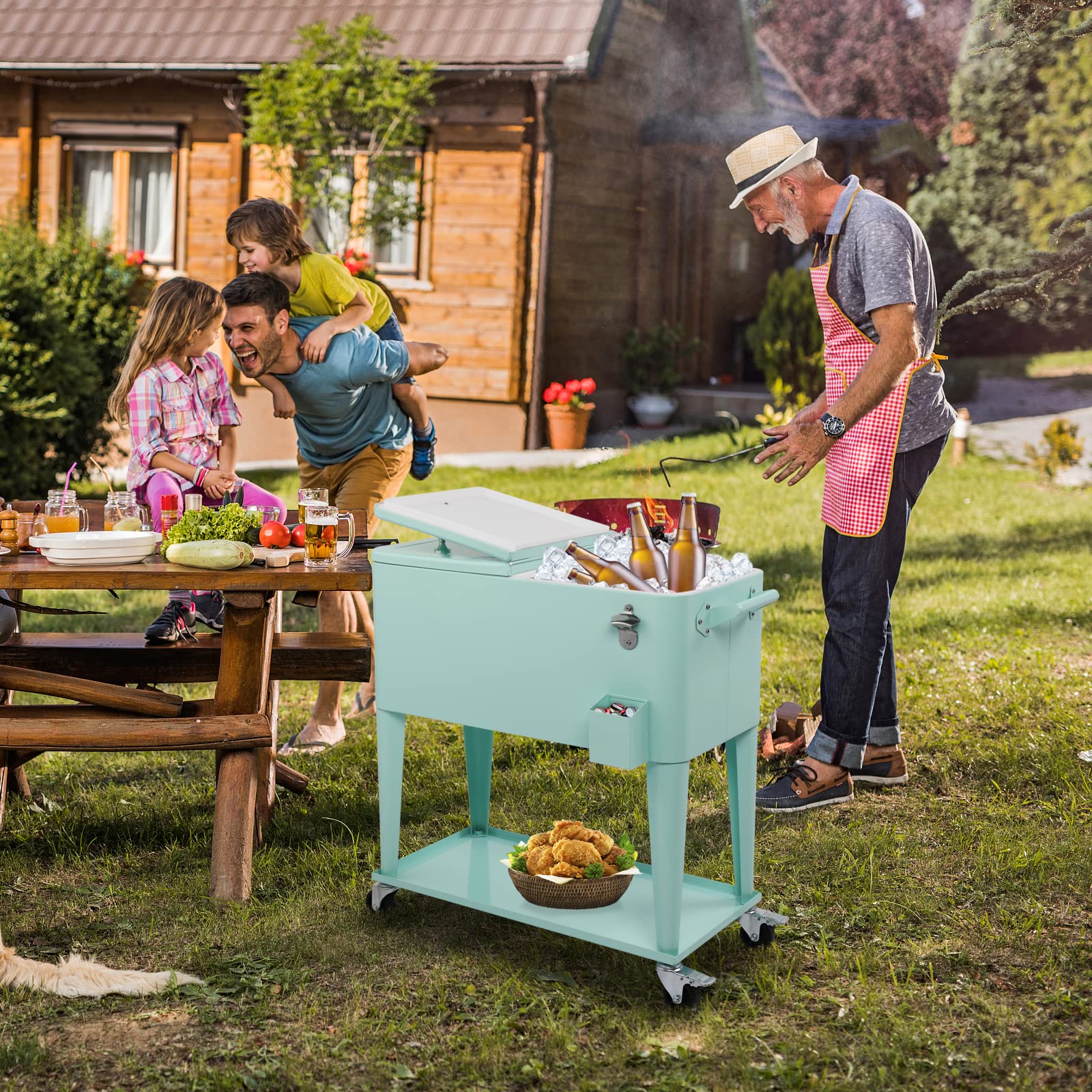 80 Quart Portable Outdoor Patio Rolling Cooler Cart Green