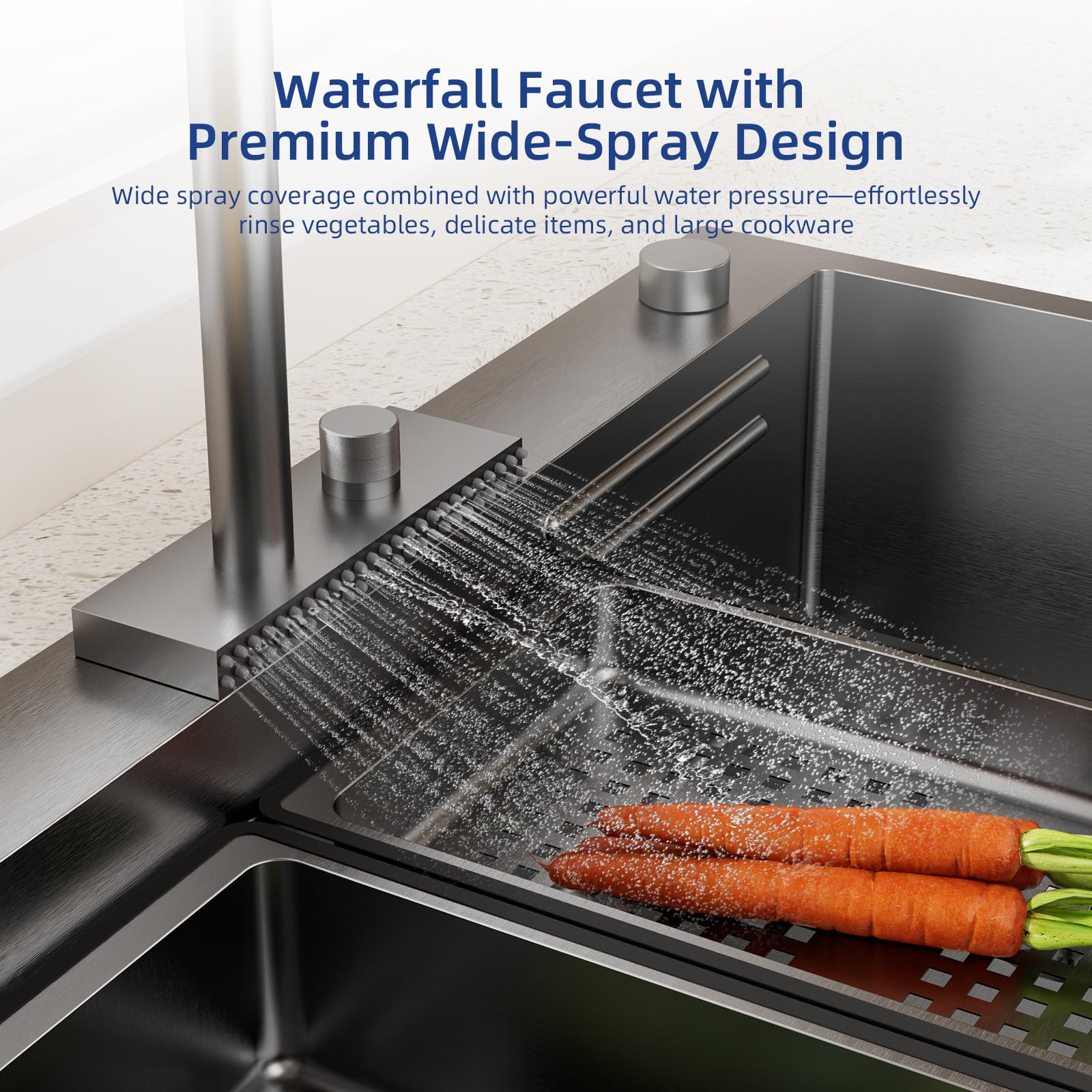 ROVSUN 33" x 19" Drop-in Waterfall Kitchen Sink with Right Drain Black
