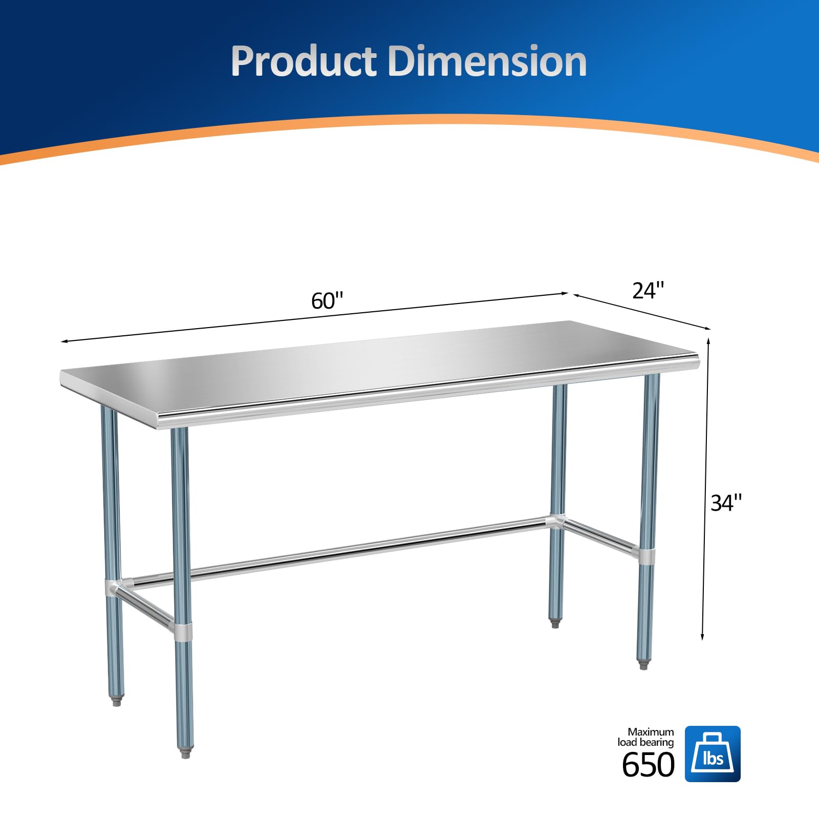 ROVSUN 60" x 24" Open Base Stainless Steel Work Table