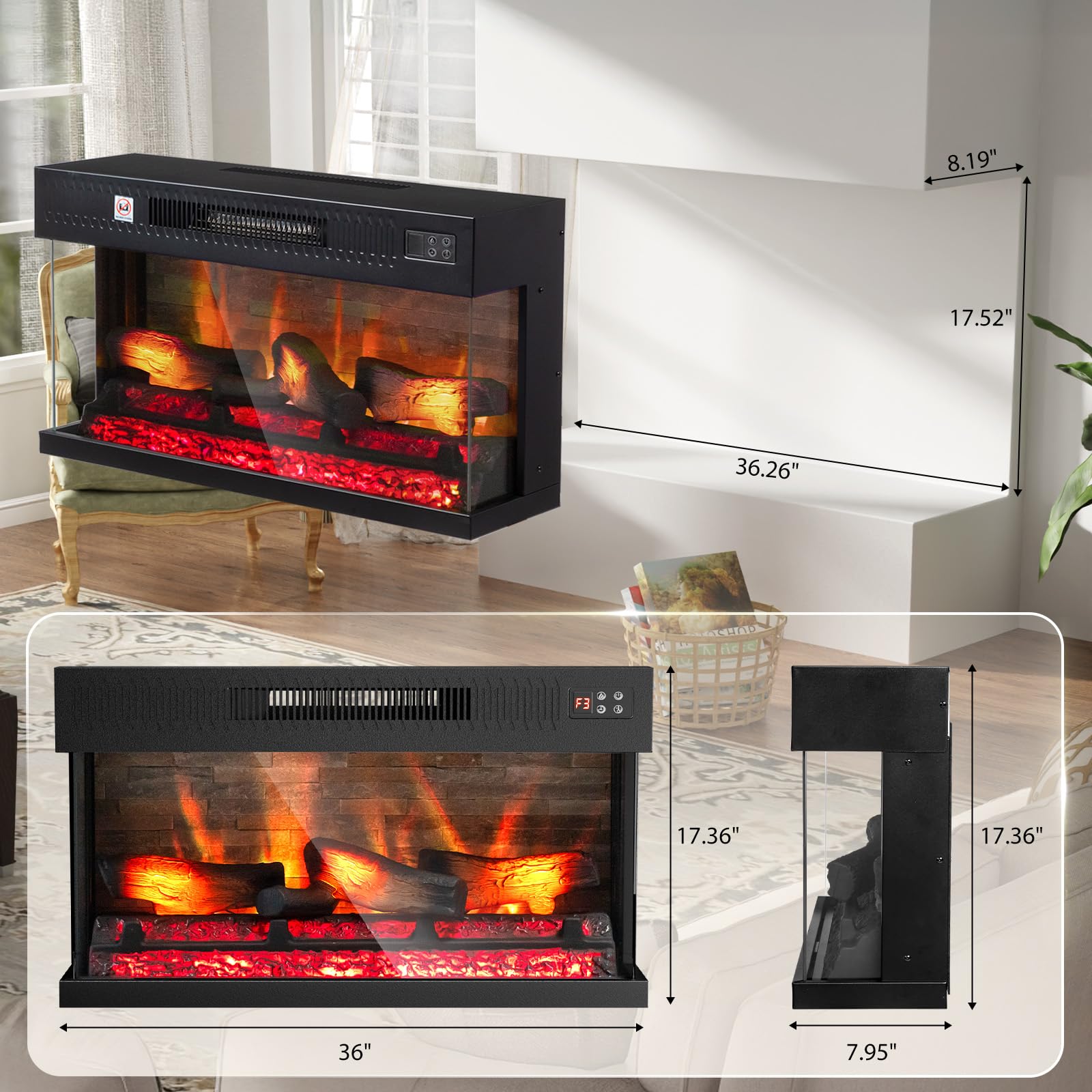 ROVSUN 36" 1400W 120V Electric Fireplace Insert with Remote Control