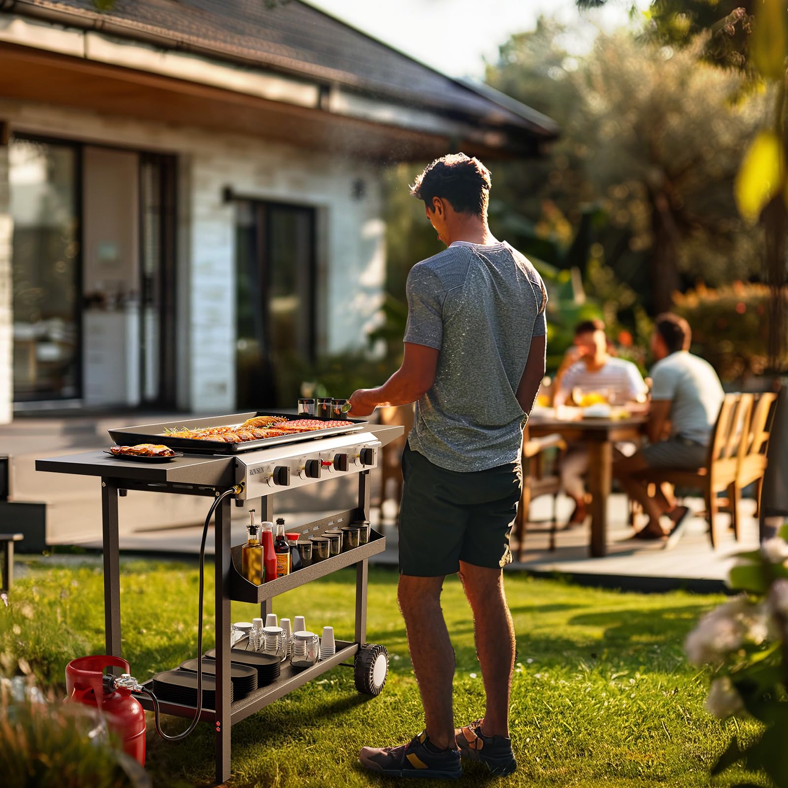 ROVSUN 4-Burner 40,000 BTU Portable Rolling Propane Outdoor Griddle with Stand