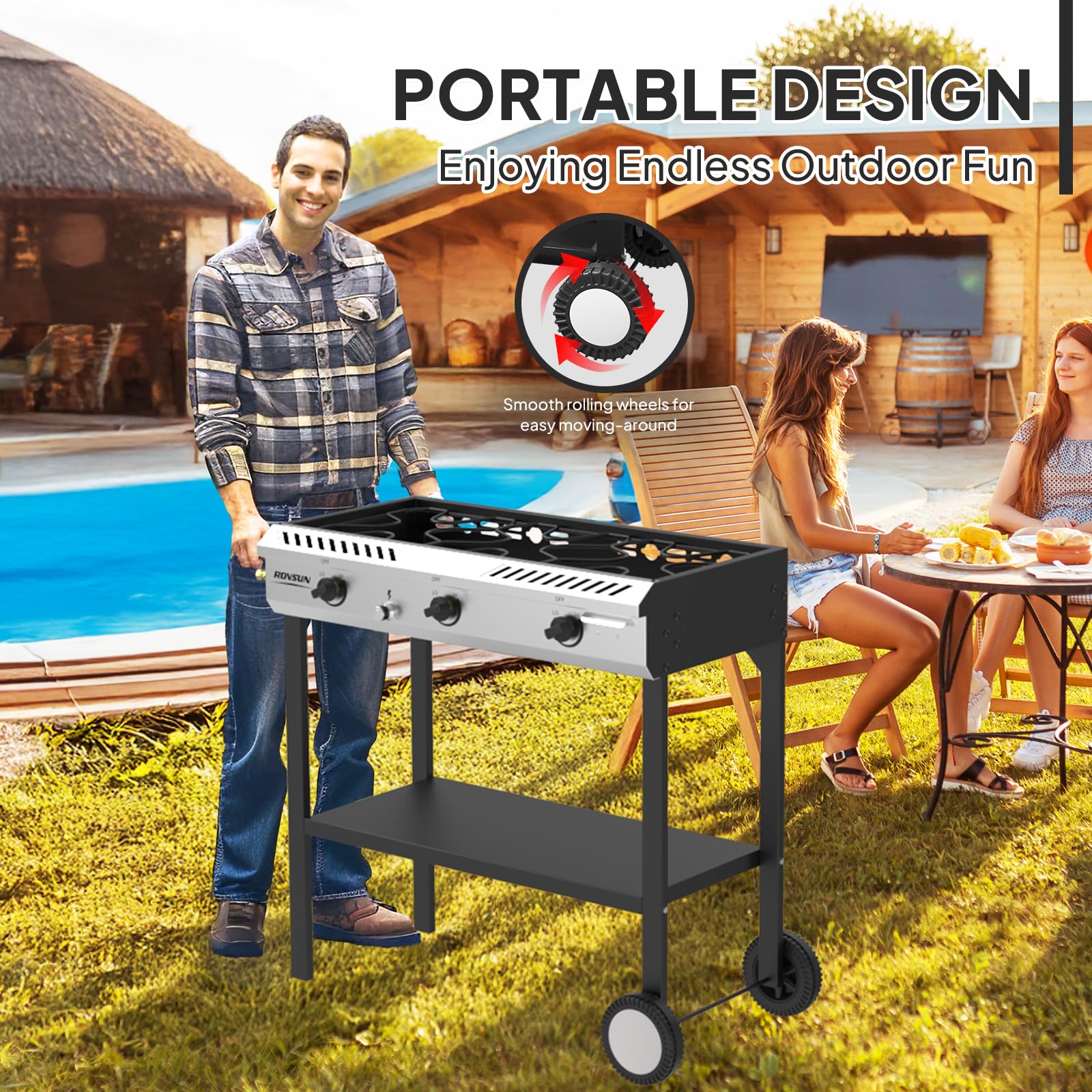 ROVSUN 3-Burner 225,000 BTU Outdoor Camping Propane Stove with Wheels