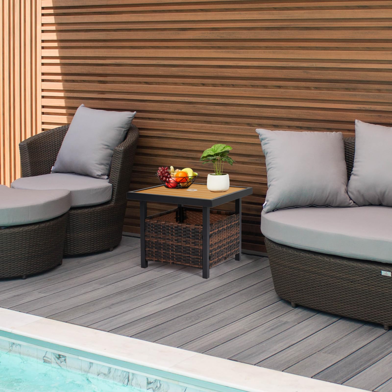 Outdoor Wicker Side Table with Umbrella Hole Yellow