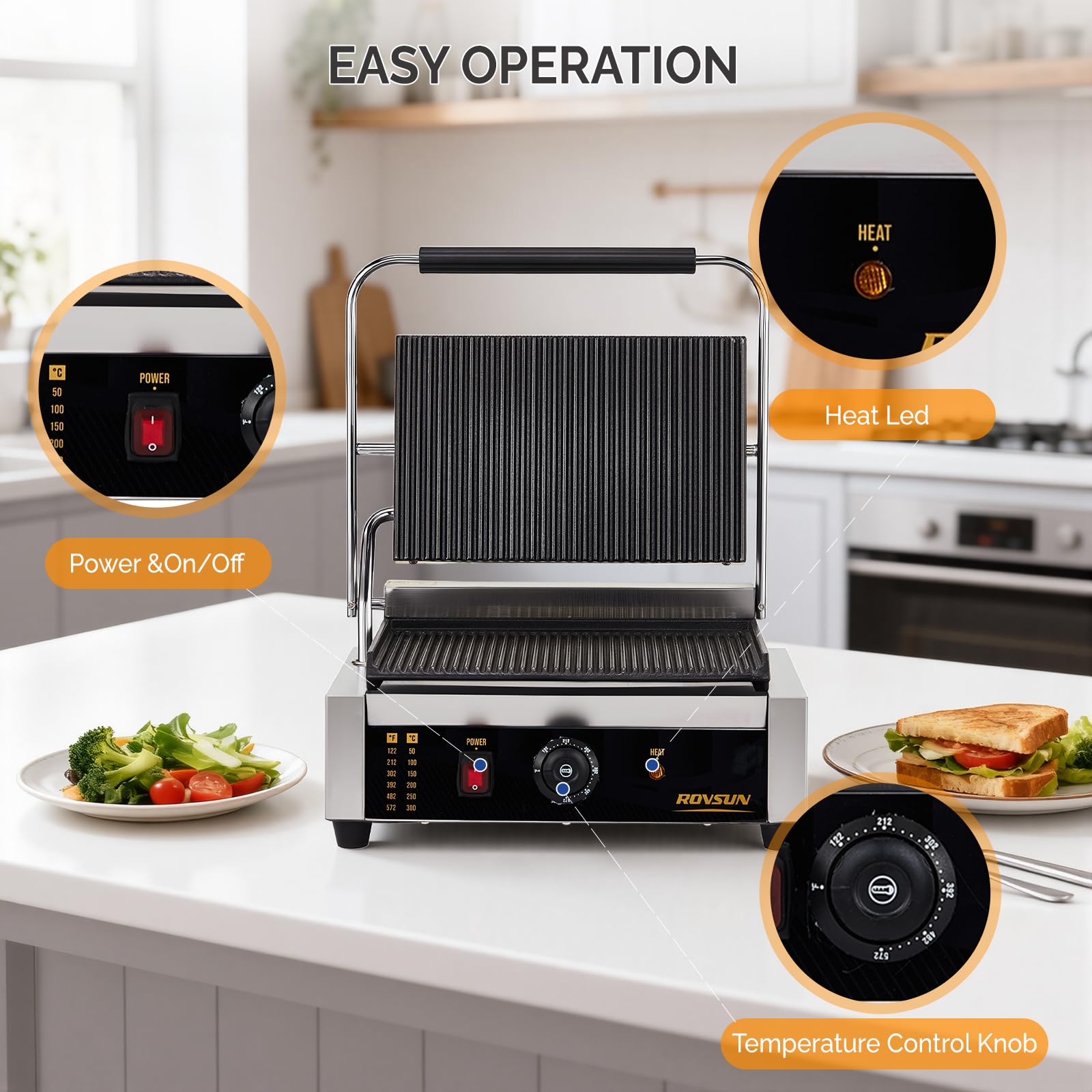 ROVSUN 17" 2200W 110V Commercial Panini Press Grill with Adjustable Temp