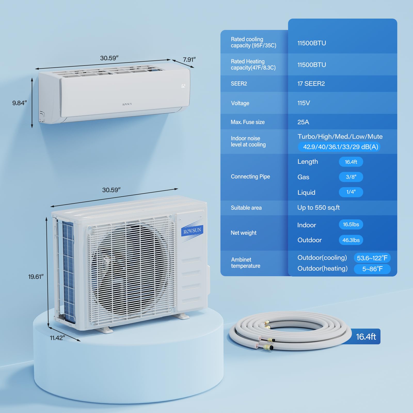 ROVSUN 11,500 BTU 17 SEER2 115V Mini Split Air Conditioner with Heat Pump Ductless Inverter & Install Kit