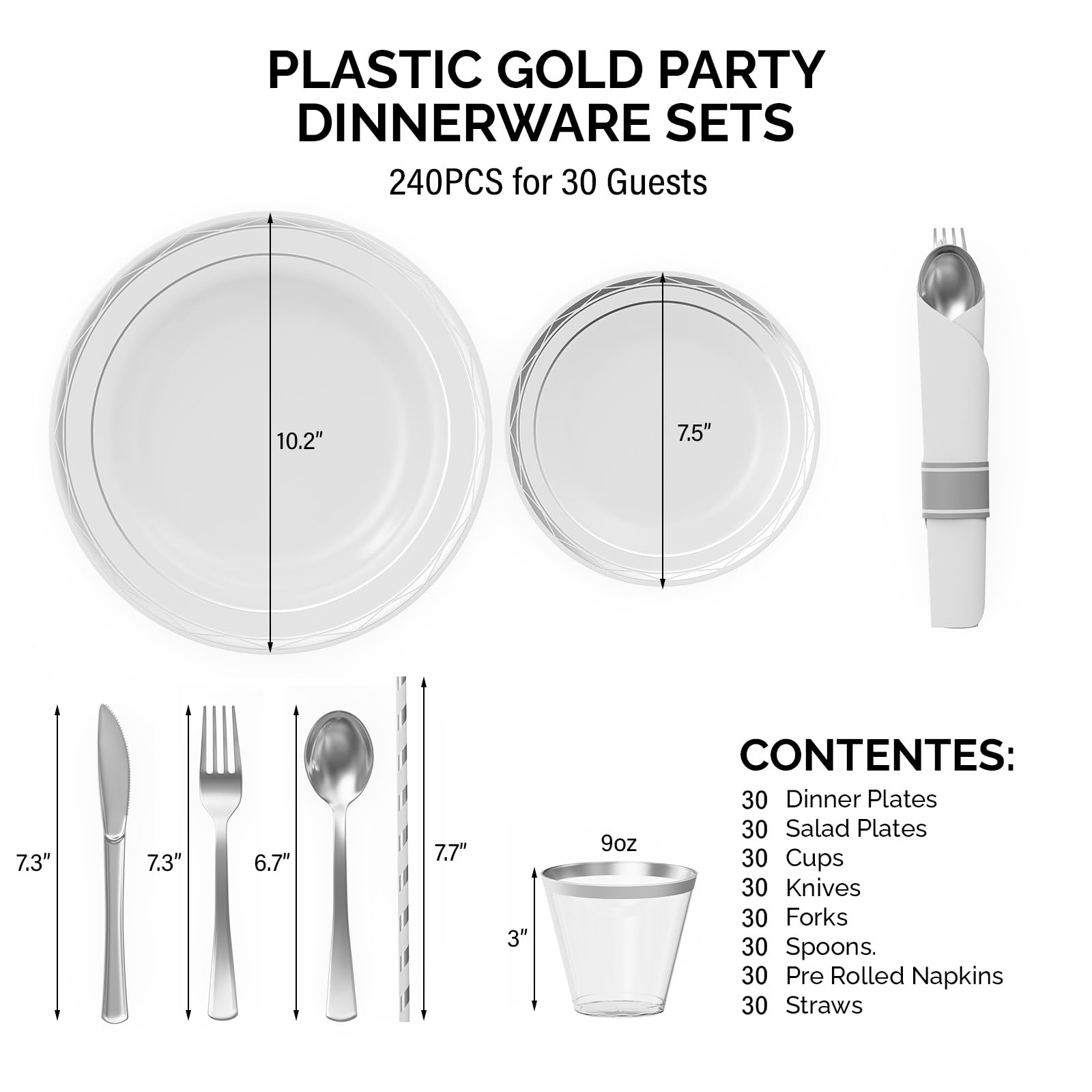 ROVSUN 240 Pieces Pre Rolled Napkins Silver Disposable Plastic Dinnerware Set for 30 Guests