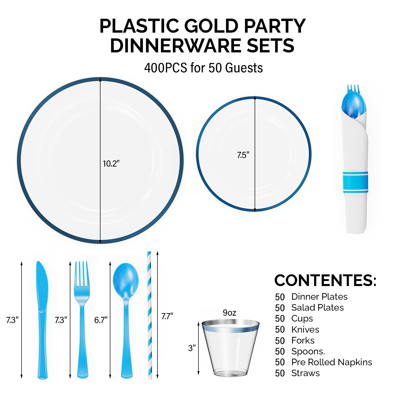 ROVSUN 400 Pieces Pre Rolled Napkins Blue Disposable Plastic Dinnerware Set for 50 Guests