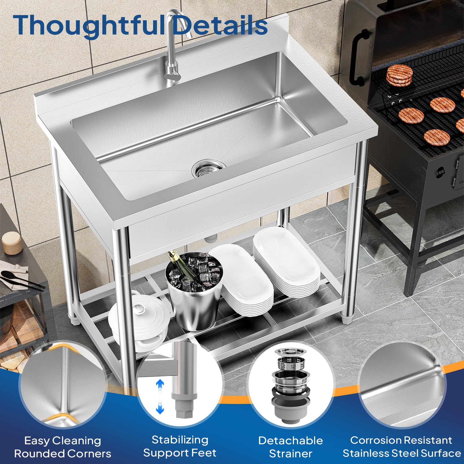 ROVSUN 35" x 22" One Bowl Stainless Steel Sink with Faucet