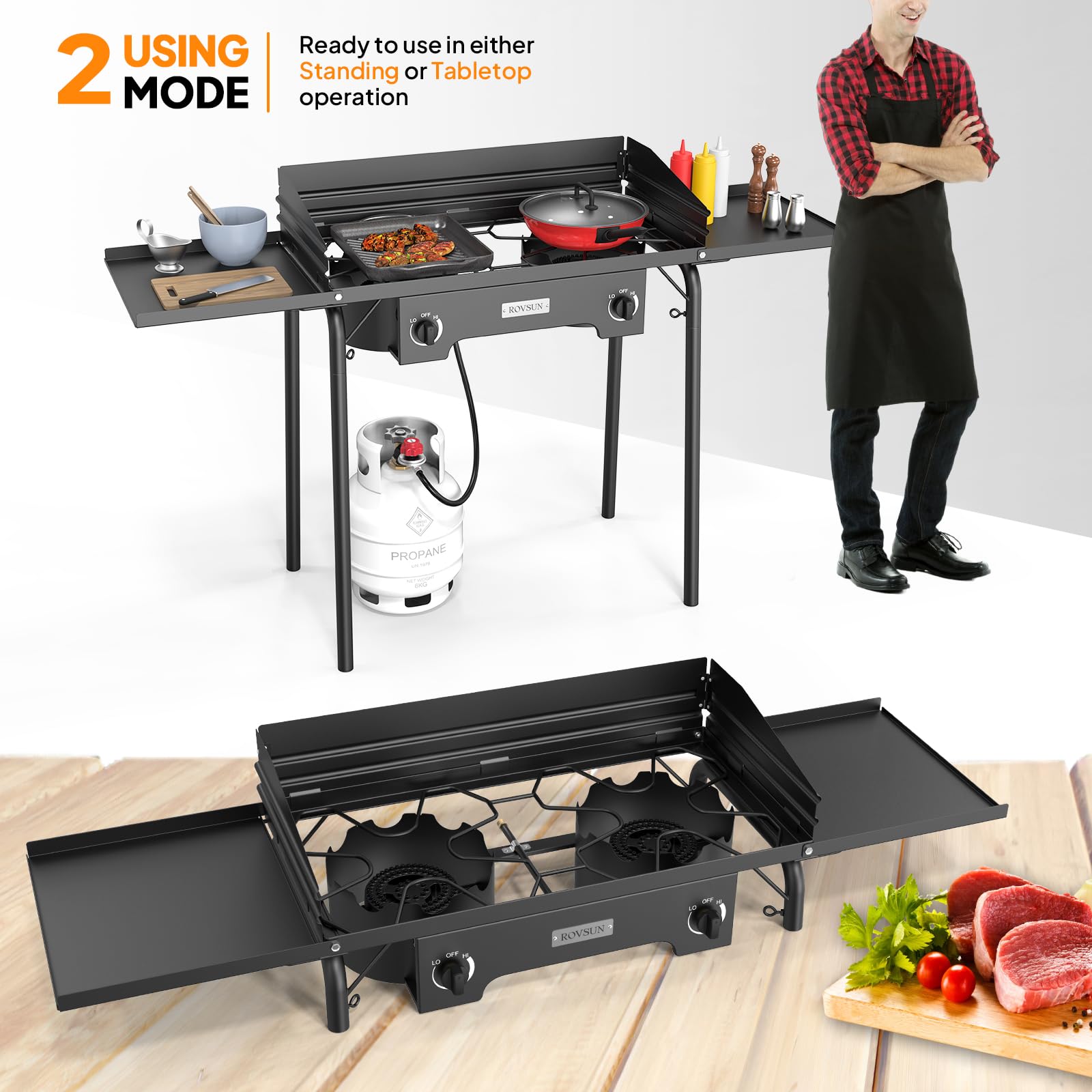 ROVSUN 2-Burner 150,000 BTU Windproof Camping Propane Stove with Side Shelves & Bag