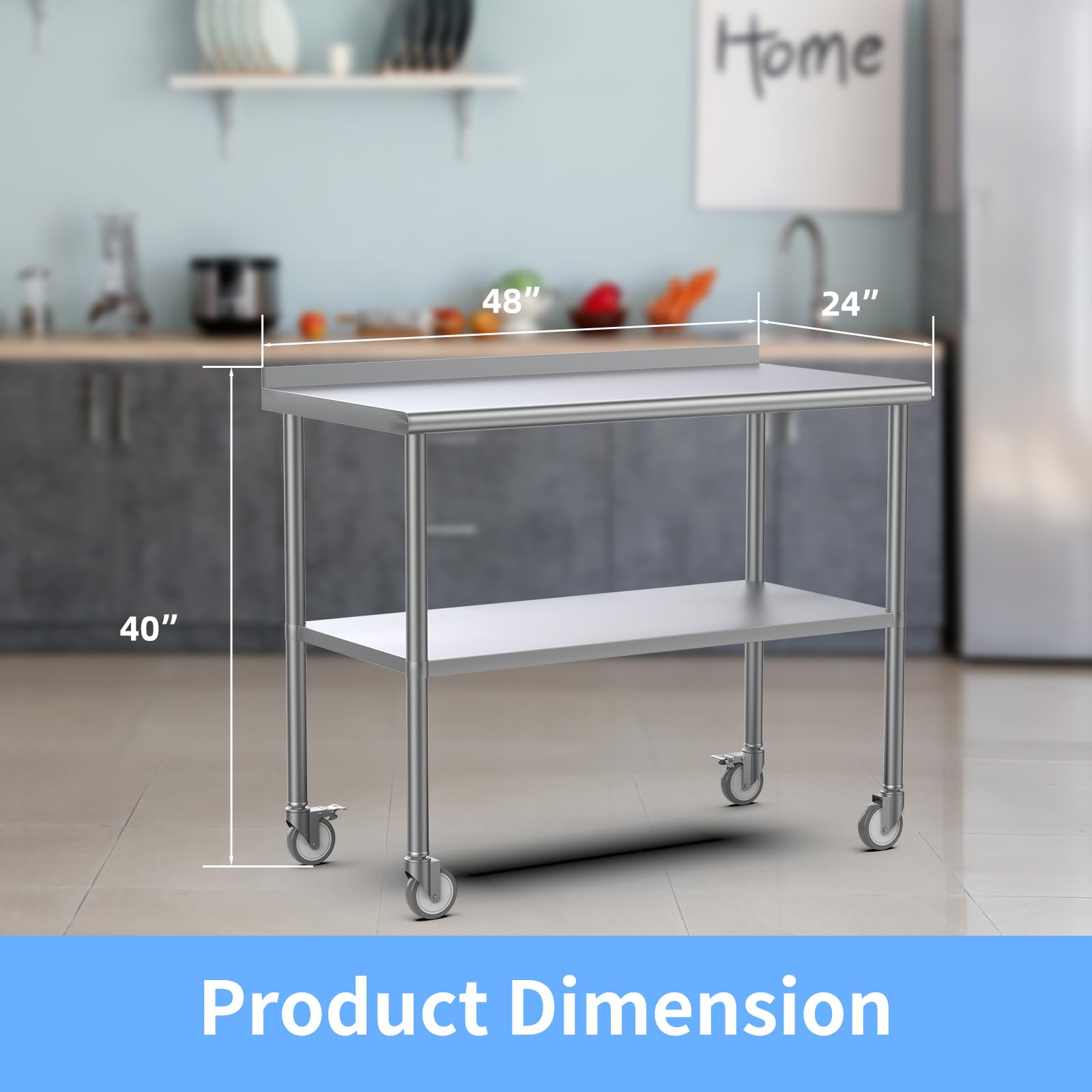ROVSUN 48" x 24" Stainless Steel Table with Wheels