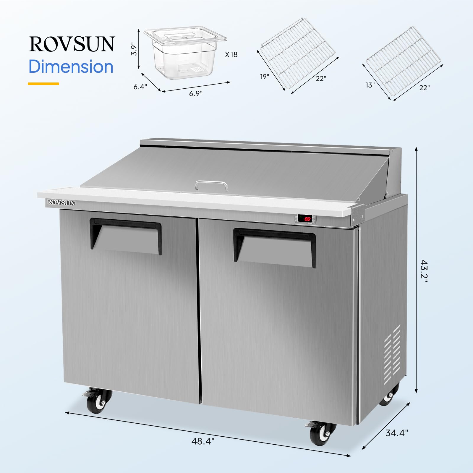 ROVSUN 48" 13.1 Cu.Ft. 320W 115V Silver Refrigerated Salad Sandwich Prep Table