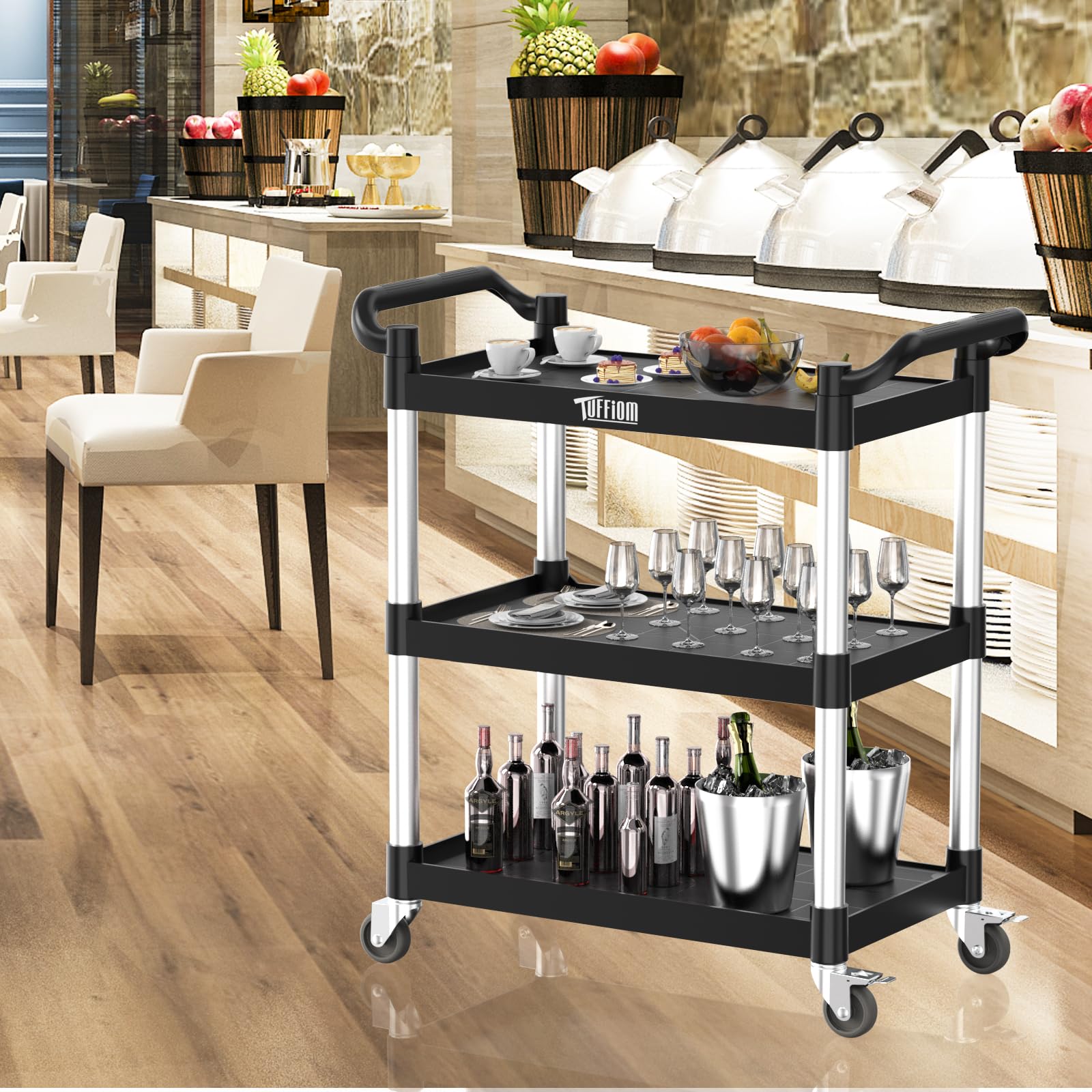 3-Tier 31" x 16" 390 lb. Capacity Plastic Utility Cart/Bussing Cart Black