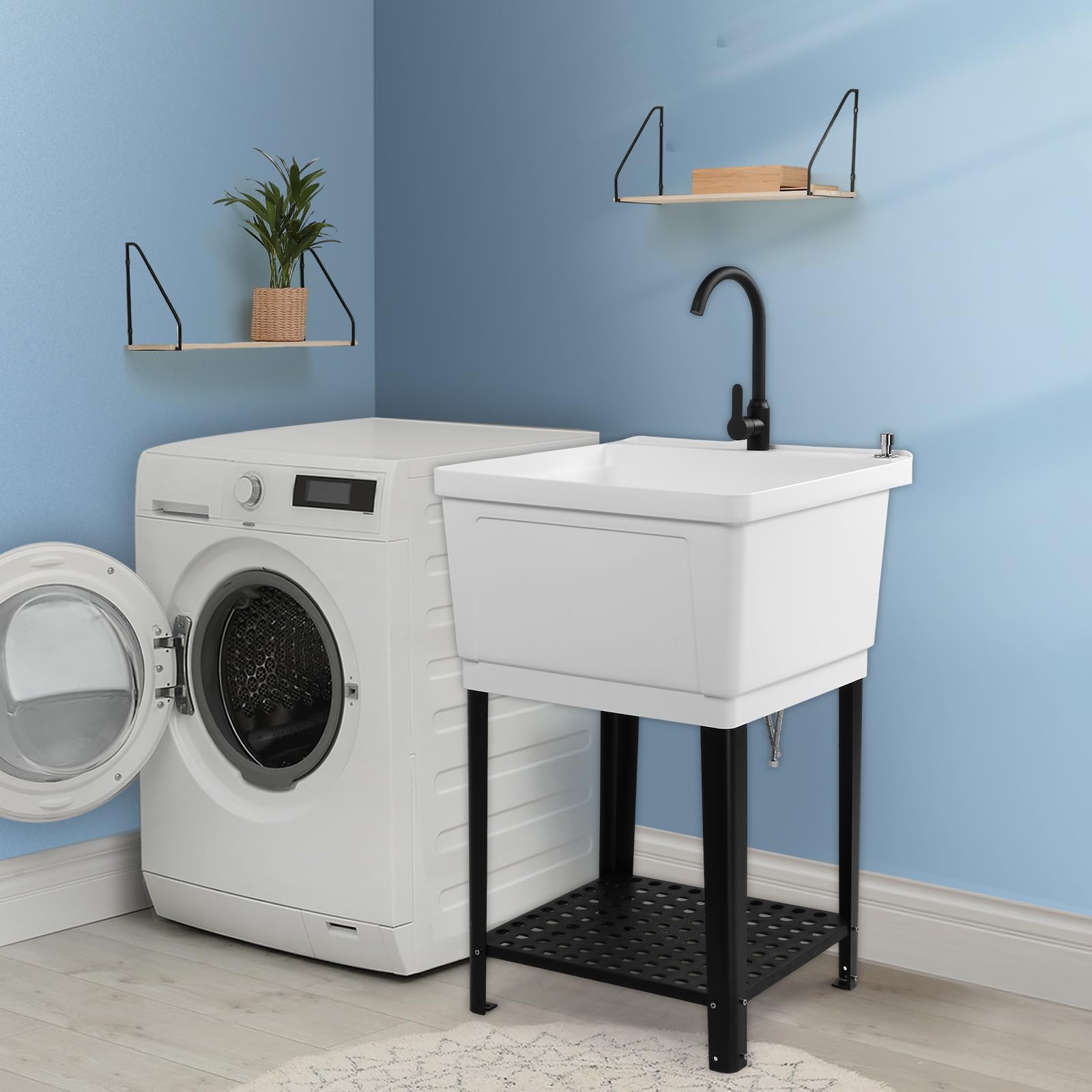 ROVSUN 24" x 24" Plastic Utility Sink with Storage Shelf White