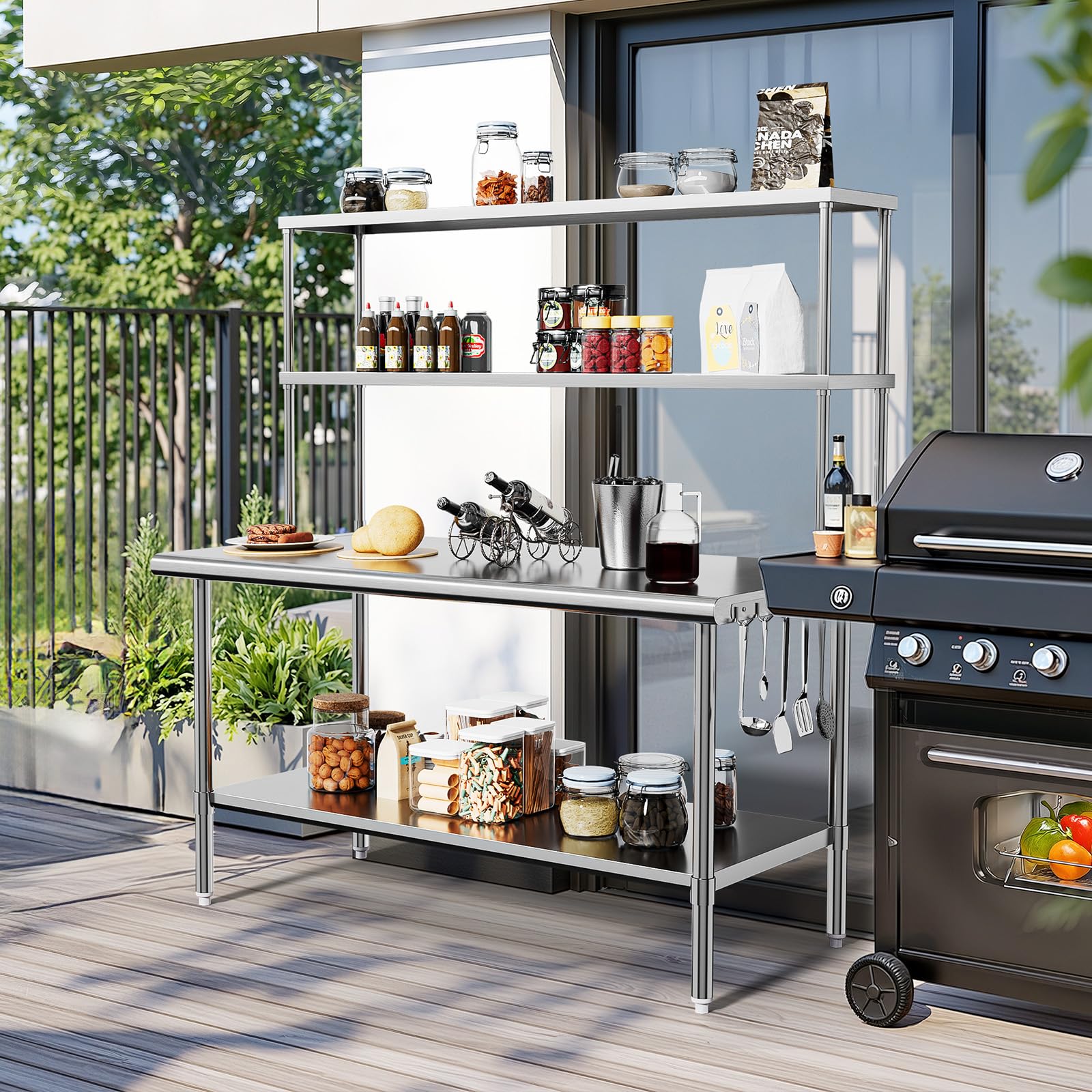 ROVSUN 60" X 30" Stainless Steel Table with Overshelves