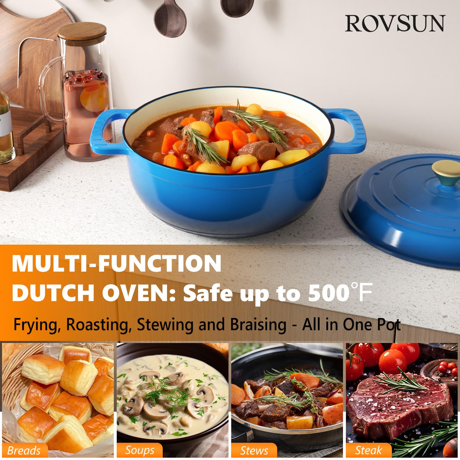 ROVSUN 7.5 QT Enameled Cast Iron Round Dutch Oven Blue