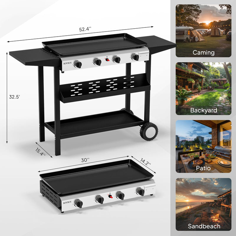 ROVSUN 4 Burner 40000 BTU Portable Propane Rolling Flat Top Gas Grill with Stand