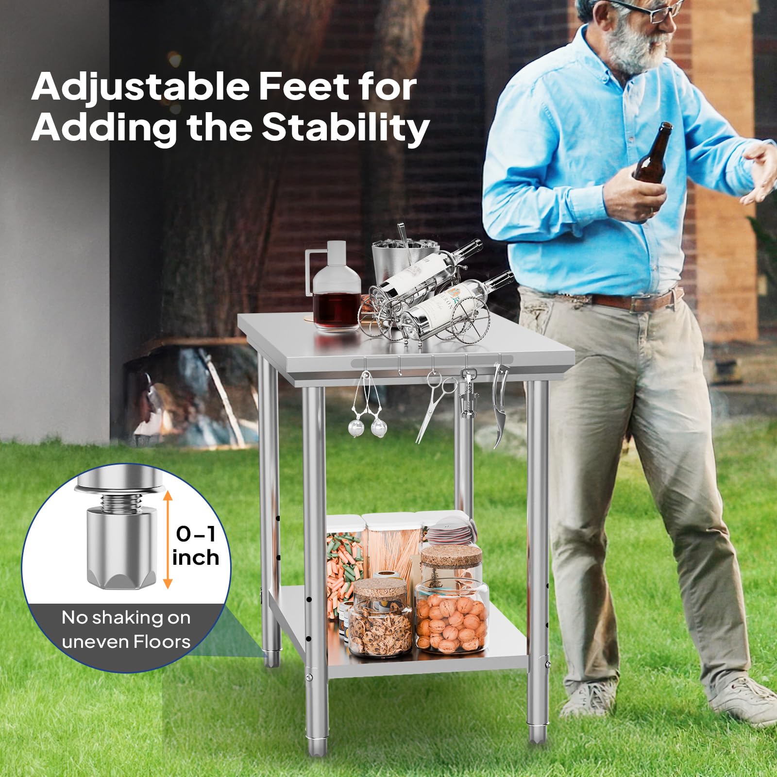 ROVSUN 36" x 24" Stainless Steel Table with Hooks & Undershelf