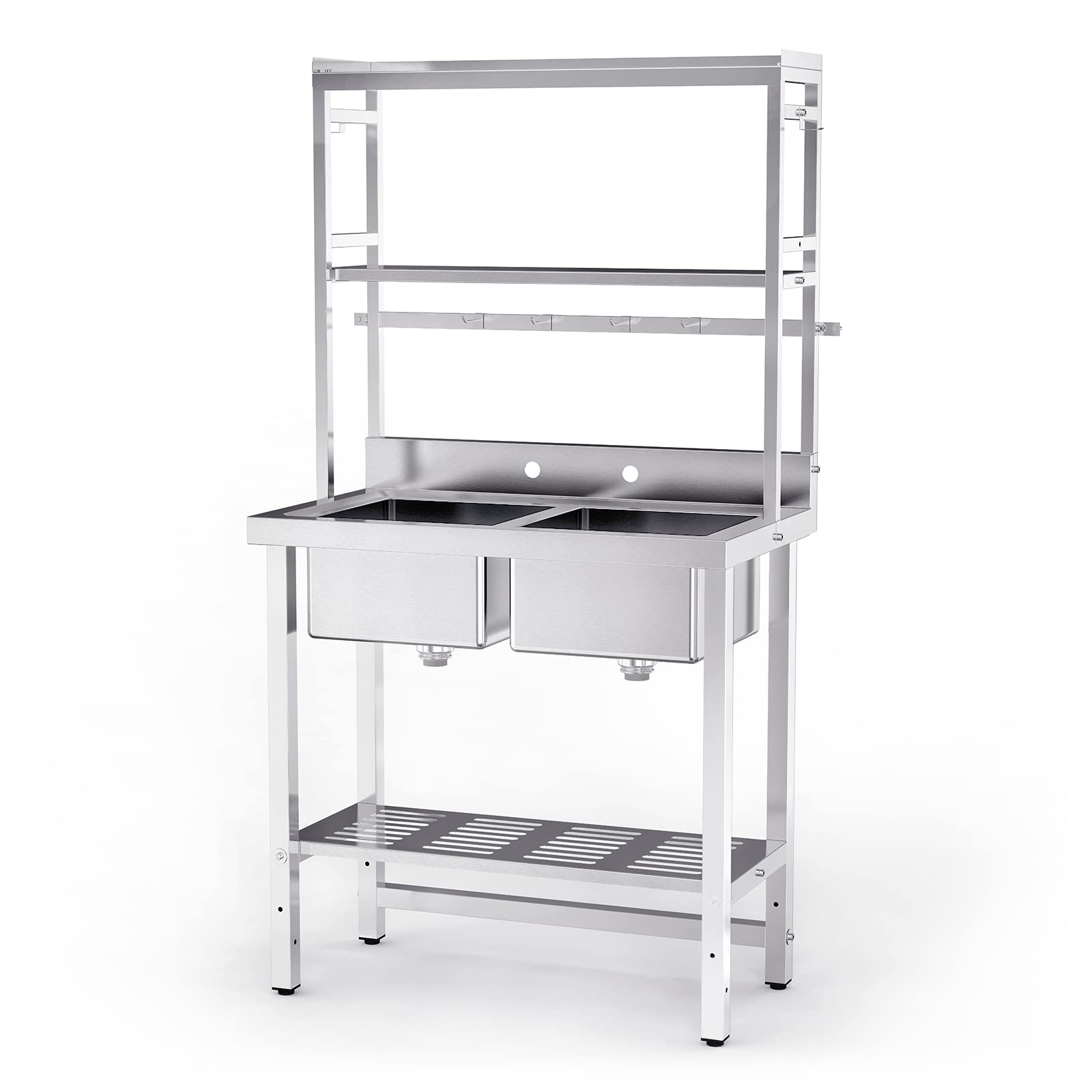 ROVSUN 36" x 21" Two Compartment Stainless Steel Sink with Shelves