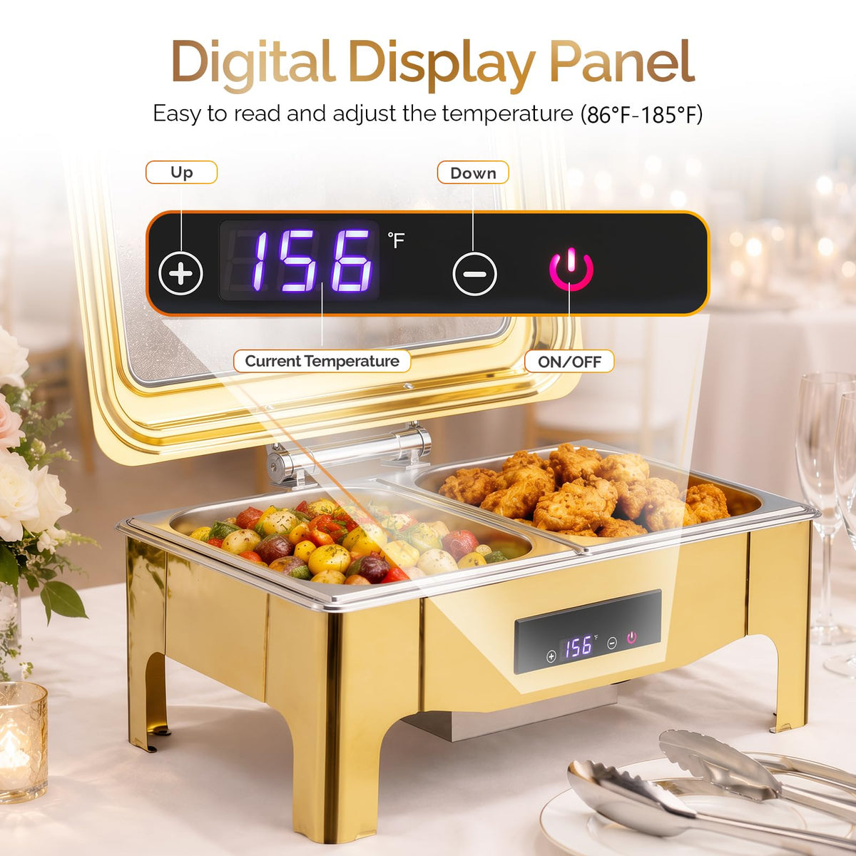 ROVSUN 9 QT Electric Gold Chafing Dish Buffet Set with Temp Display