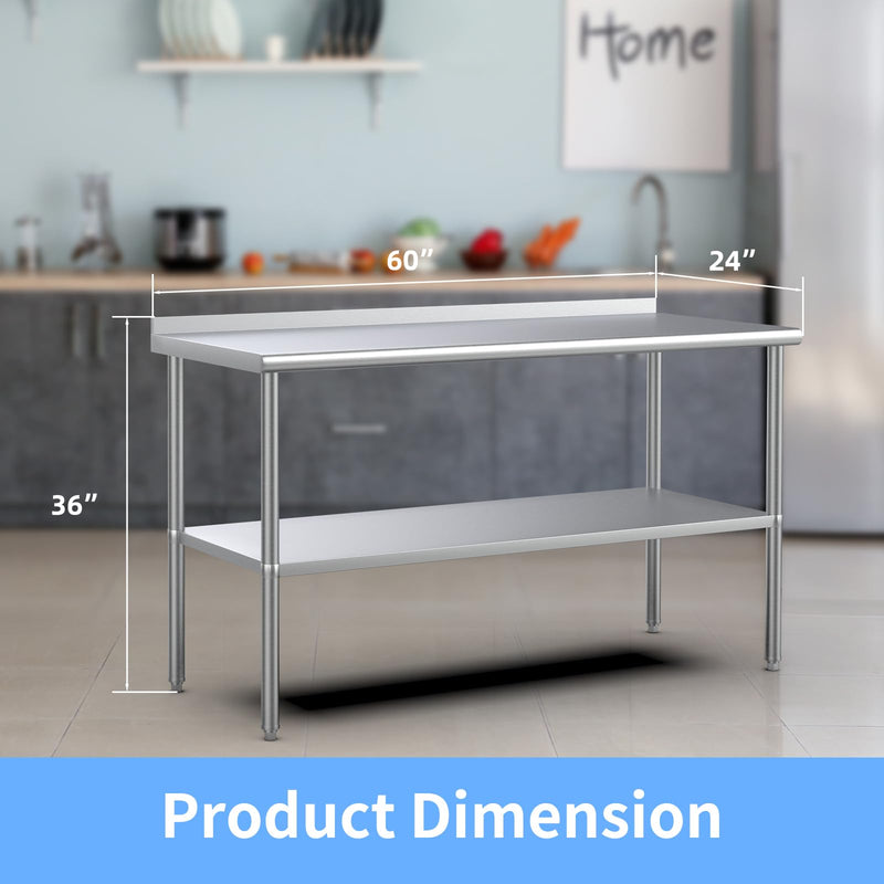 ROVSUN 60 x 24 Inch Stainless Steel Table with Undershelf & Backsplash