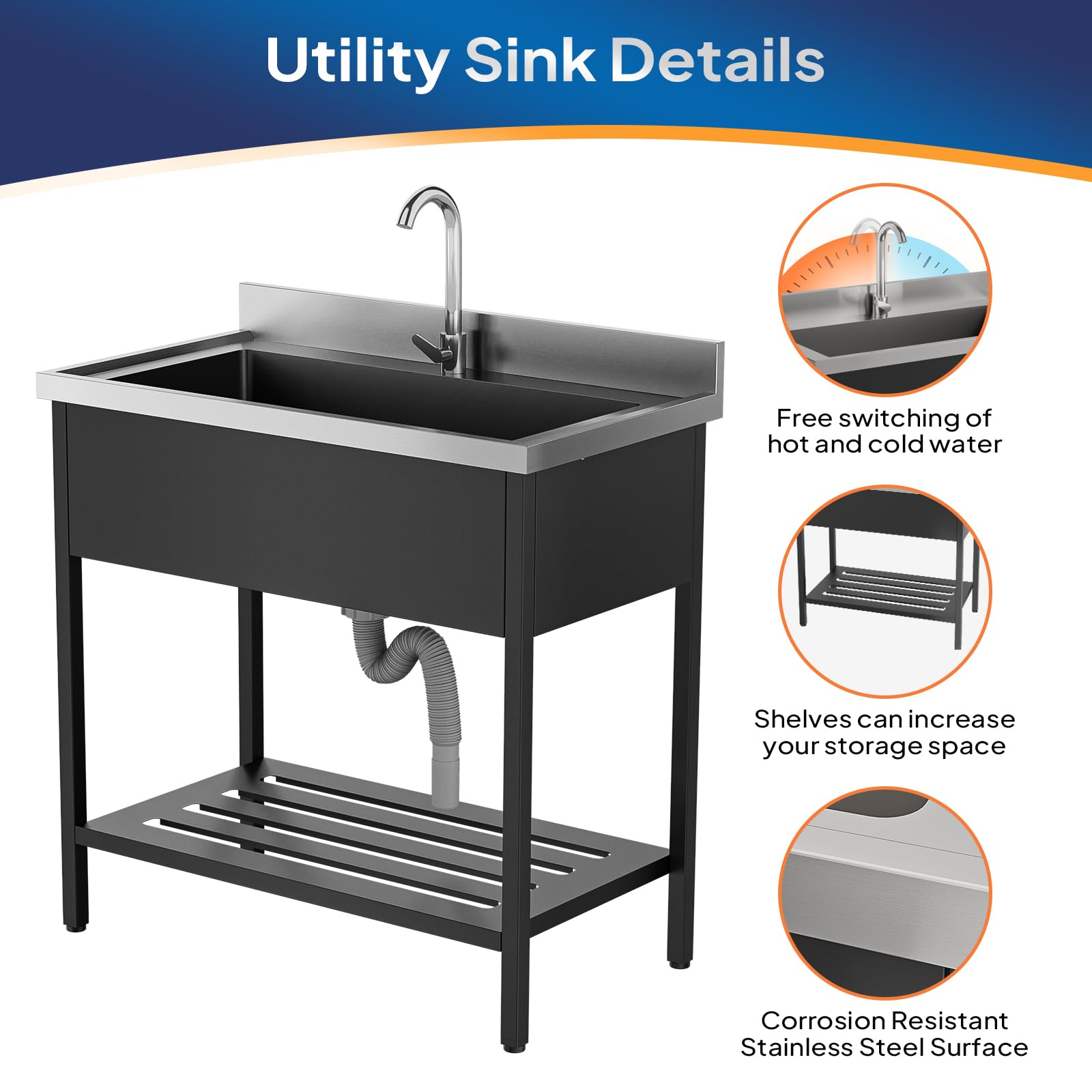 ROVSUN 36" x 20" Stainless Steel Utility Sink with Faucet