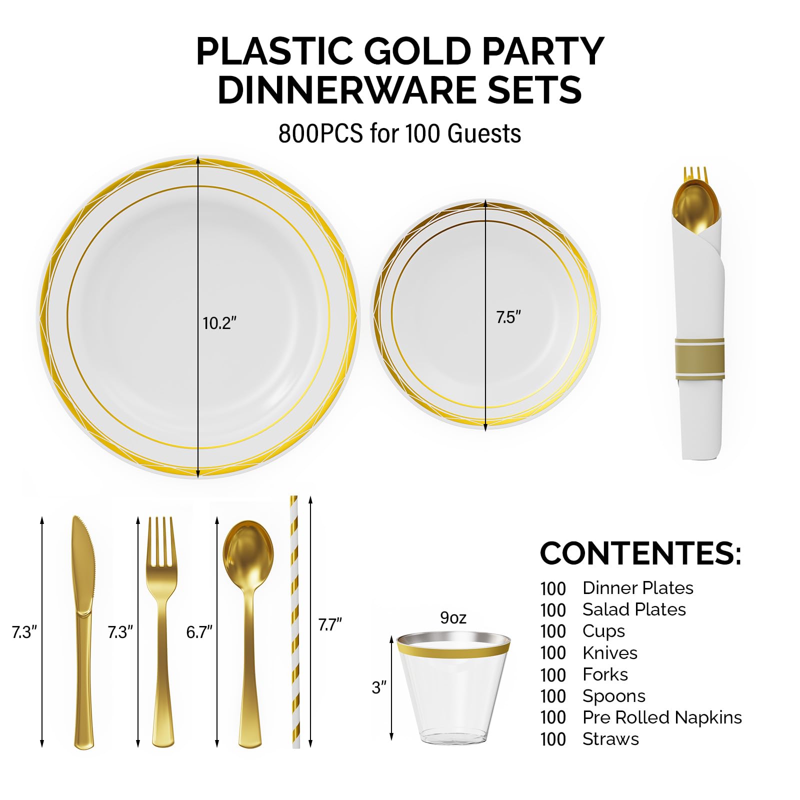 ROVSUN 800 Pieces Pre Rolled Napkins Gold Disposable Plastic Dinnerware Set for 100 Guests
