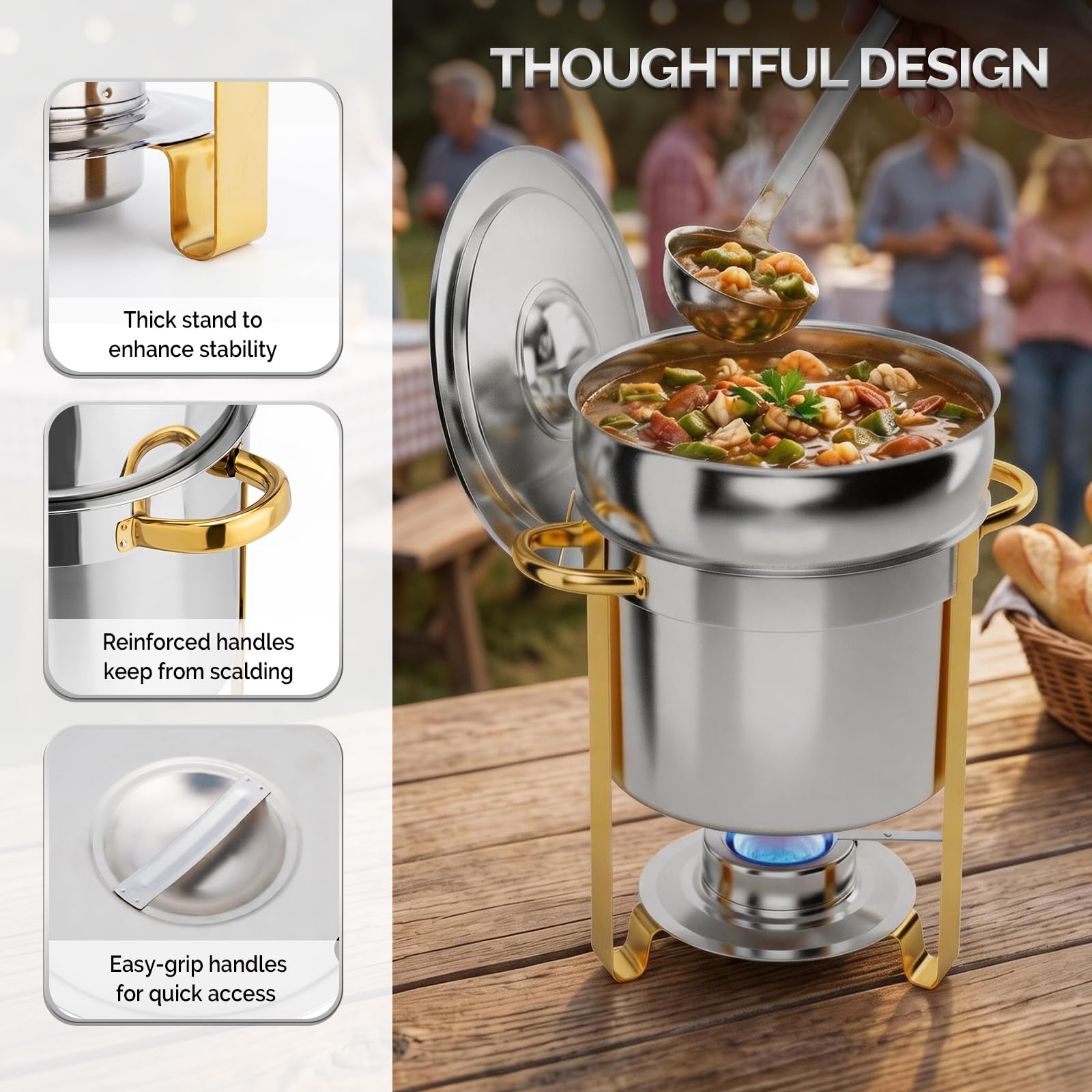 ROVSUN 7 QT Round Silver-Gold Buffet Soup Chafer with Lid Holder