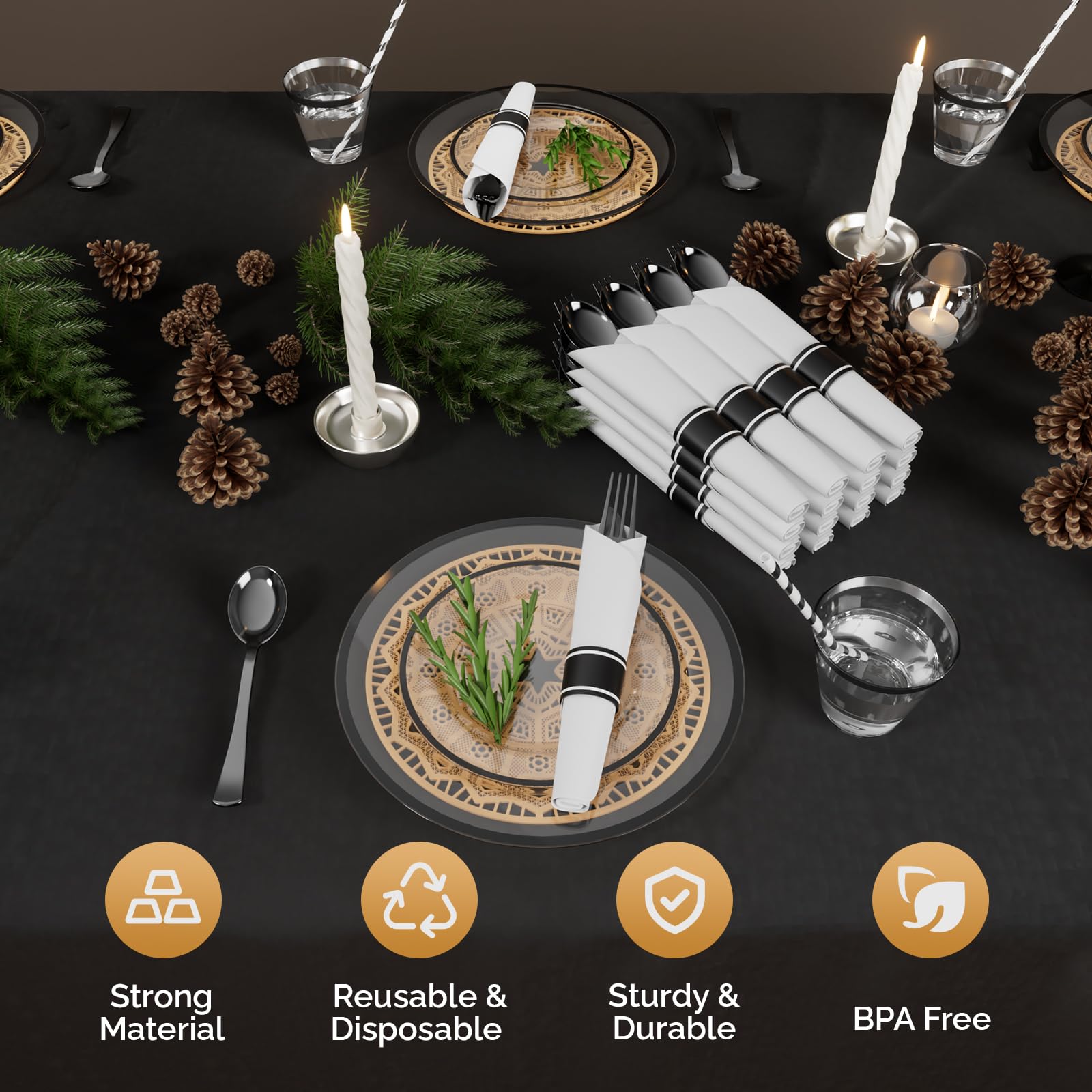 ROVSUN 400 Pieces Pre Rolled Napkins Black Disposable Plastic Dinnerware Set for 50 Guests