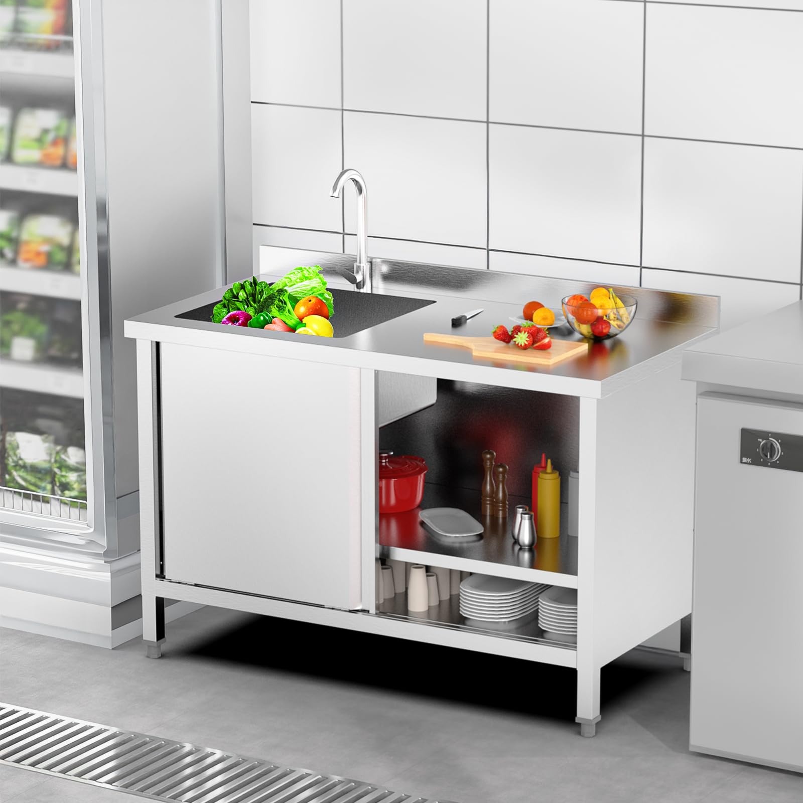 ROVSUN 46" x 22" Stainless Steel Utility Sink with Cabinet