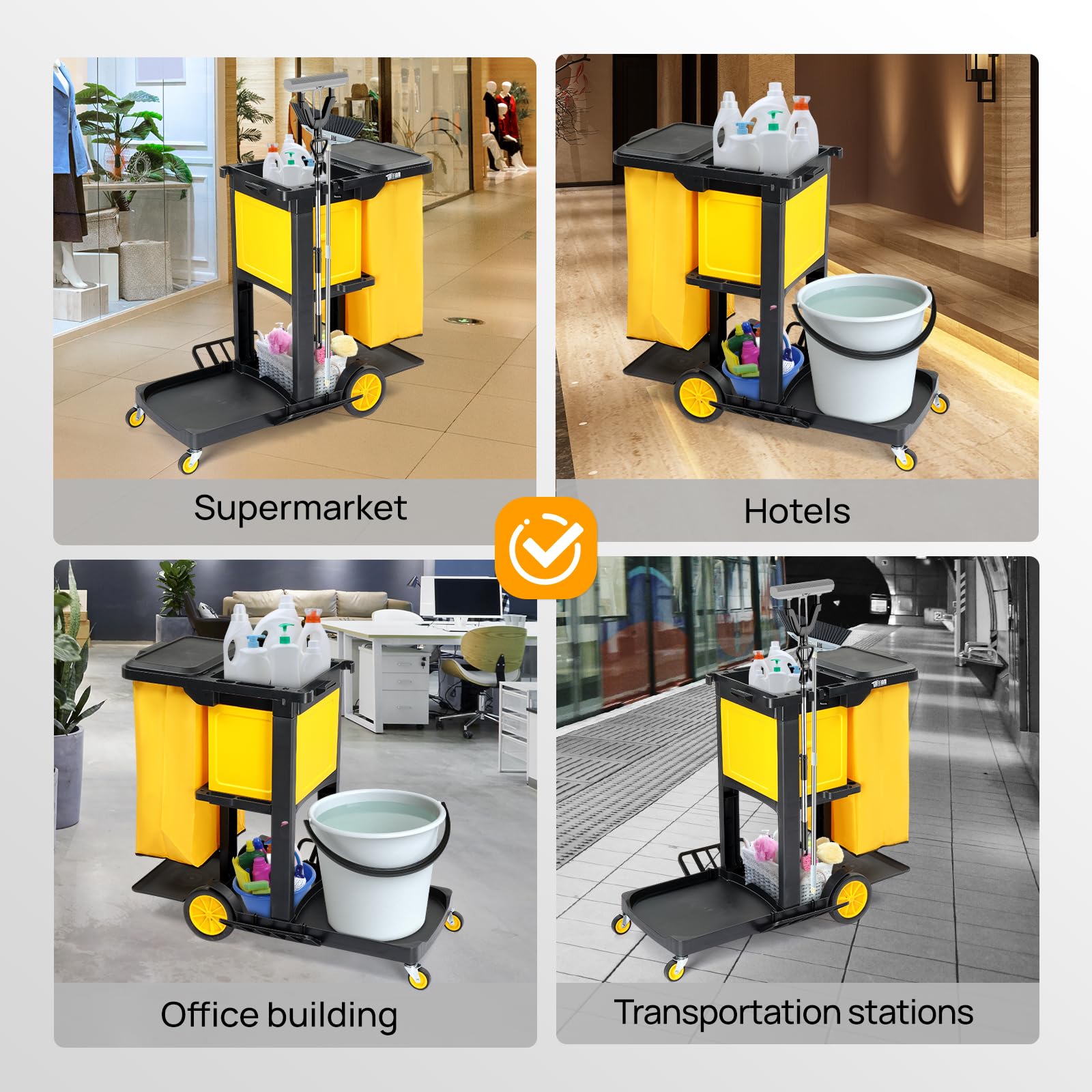 3-Tier 500 LBS Capacity Janitorial Cart with Locker & 15 Gallon Bag Black