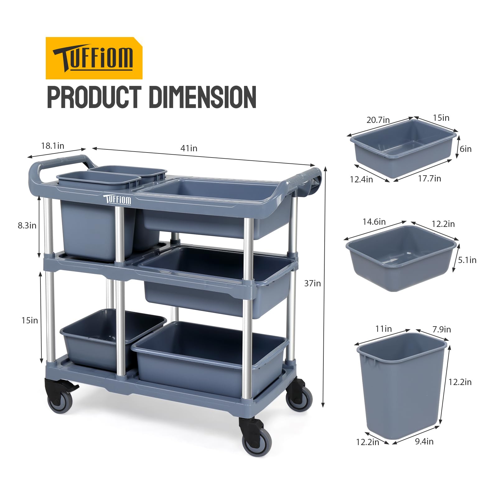 3-Tier 41" x 18" 330 lb. Capacity Plastic Utility Cart/Bussing Cart Grey