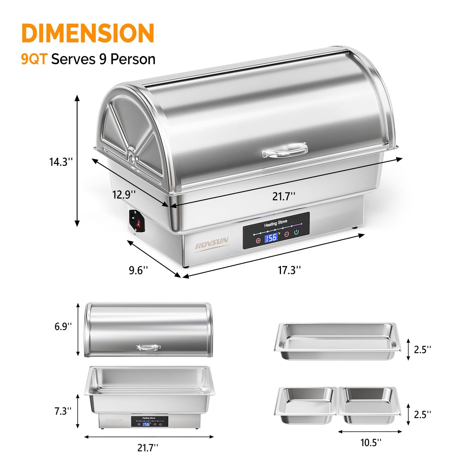 ROVSUN 9 QT Roll Top Stainless Steel Electric Chafing Dish Buffet Set with Temp Control