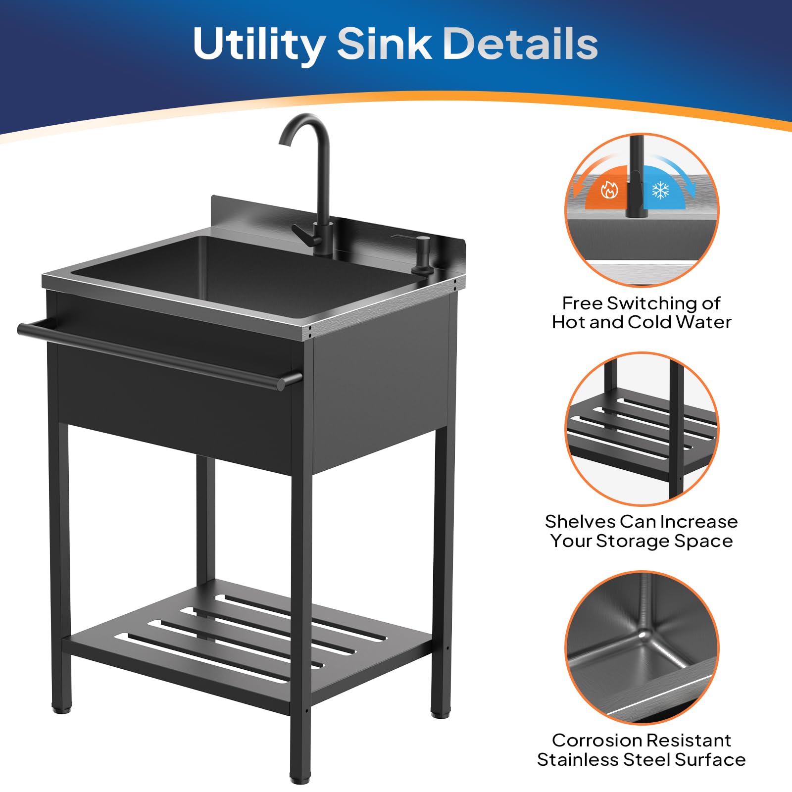 ROVSUN 26" x 21" Stainless Steel Utility Sink with Towel Rack