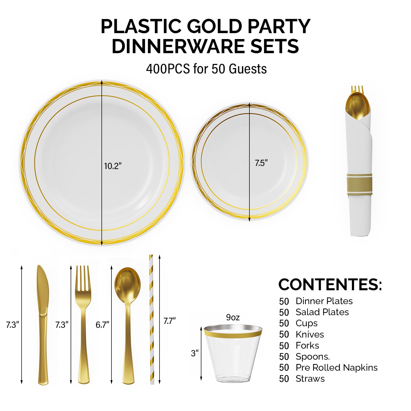 ROVSUN 400 Pieces Pre Rolled Napkins Gold Disposable Plastic Dinnerware Set for 50 Guests
