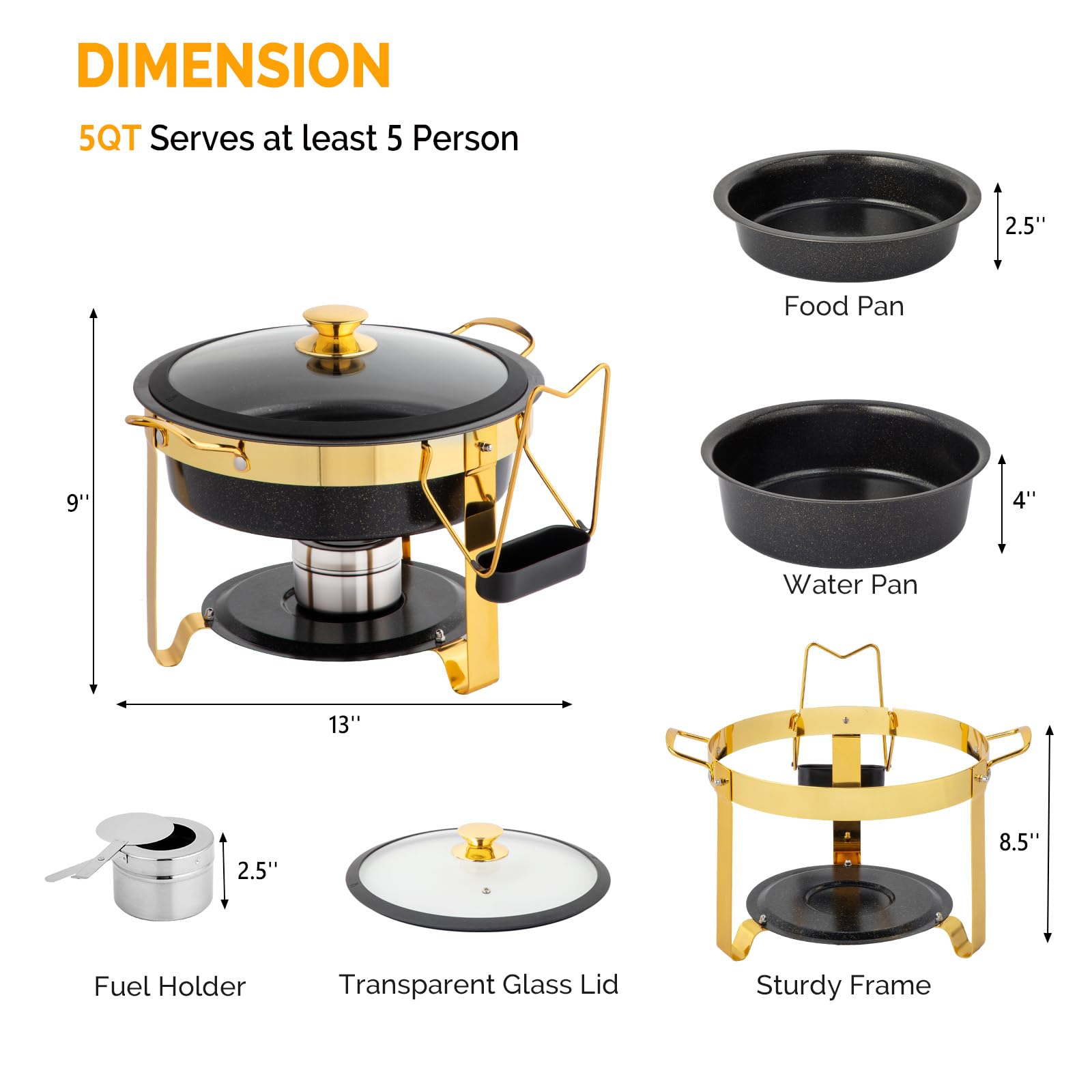 ROVSUN 5 QT Round Black & Gold Chafing Dish Buffet Set with Lid Holder