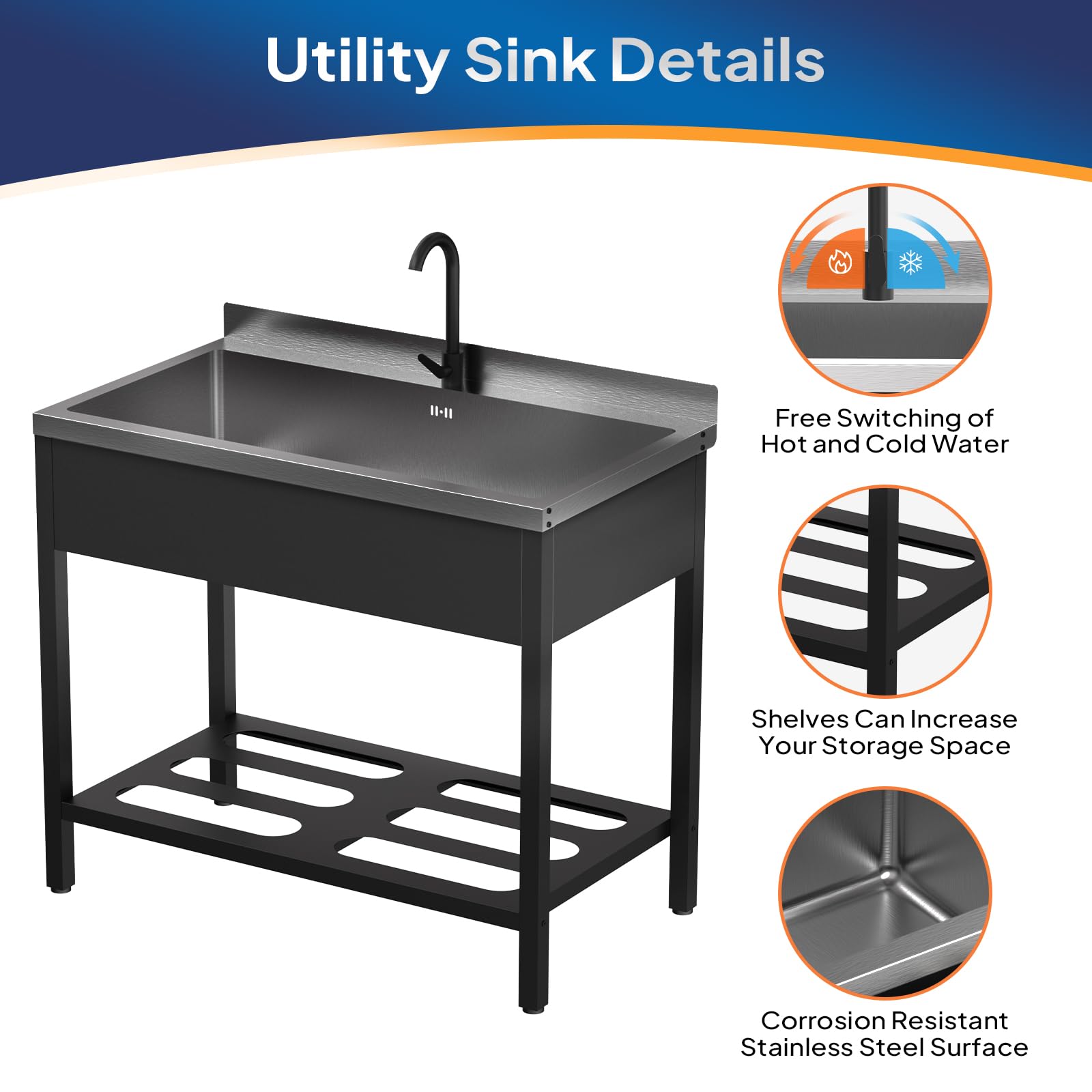 ROVSUN 42" x 23" Stainless Steel Utility Sink with Faucet