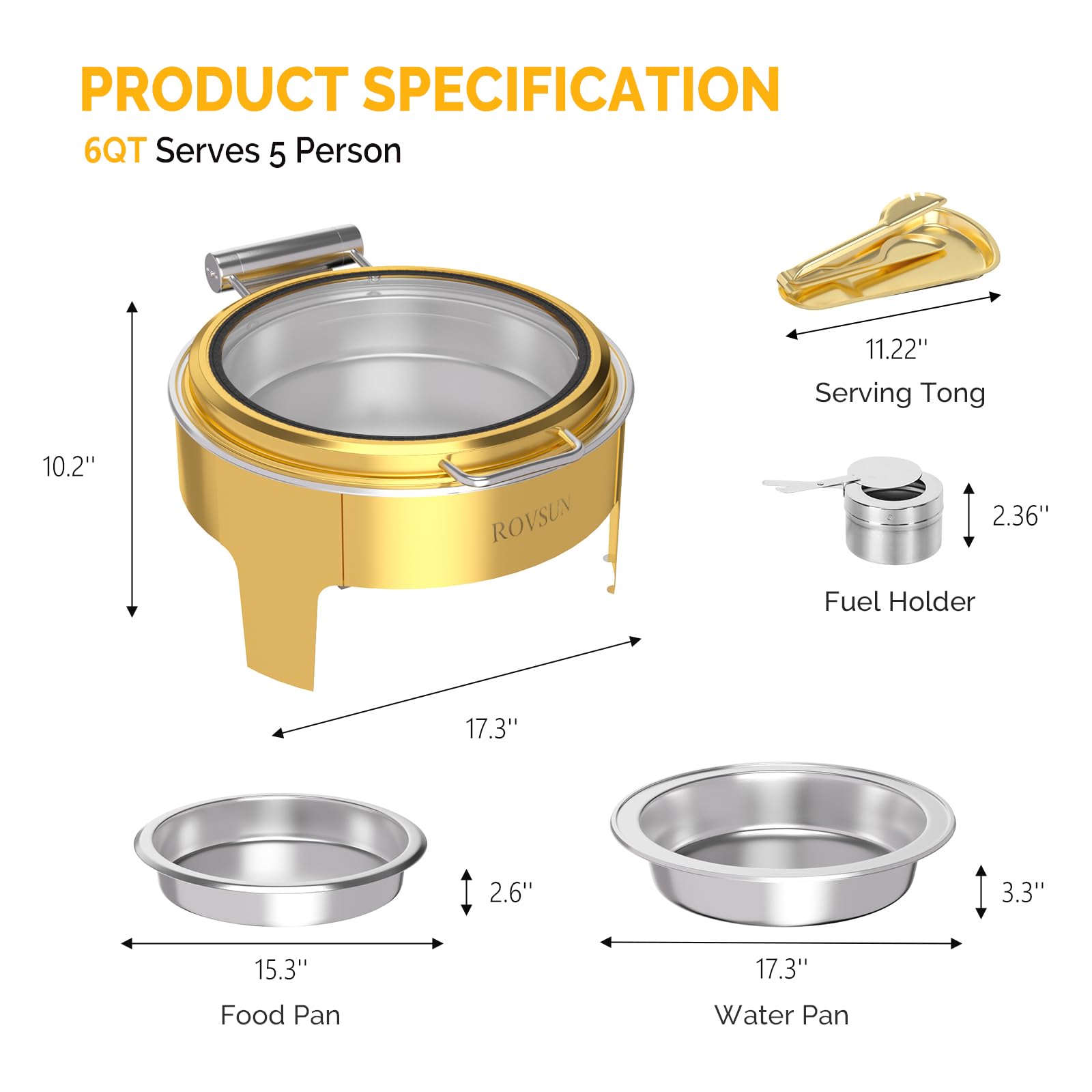 ROVSUN 6 QT Round Gold Chafing Dish Buffet Set with Serving Tong