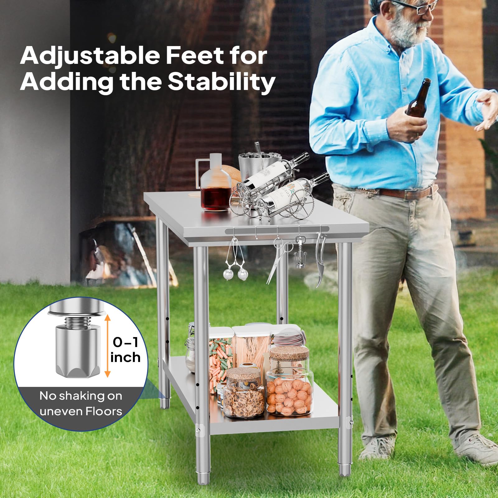 ROVSUN 48" x 24" Stainless Steel Table with Hooks & Undershelf