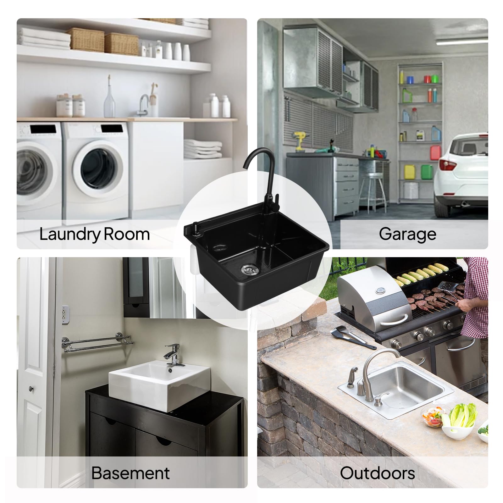 ROVSUN 20" x 17" Plastic Wall-Mounted Utility Sink with Wall Bracket Black