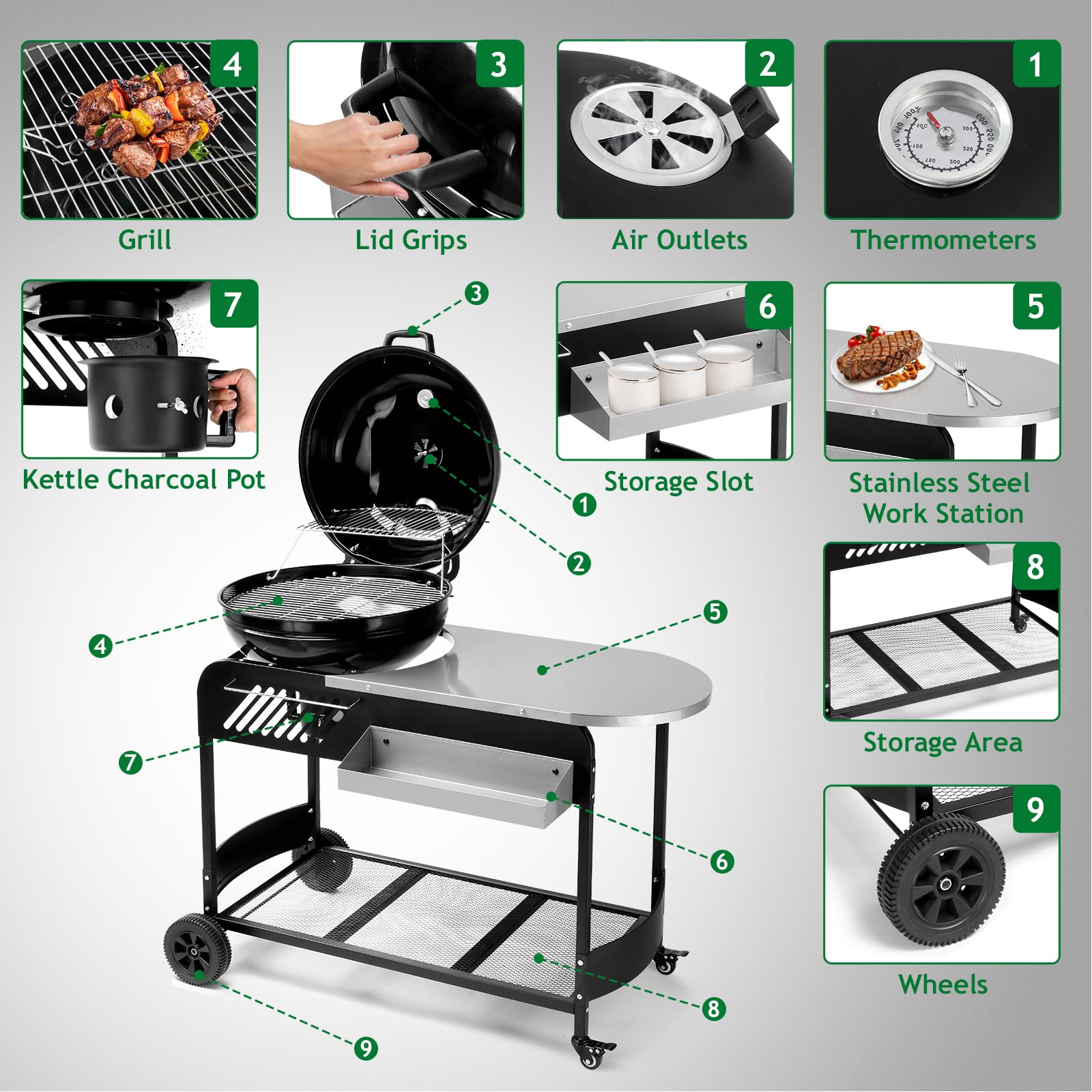 ROVSUN Movable Charcoal Grill with Fully Functional Cart
