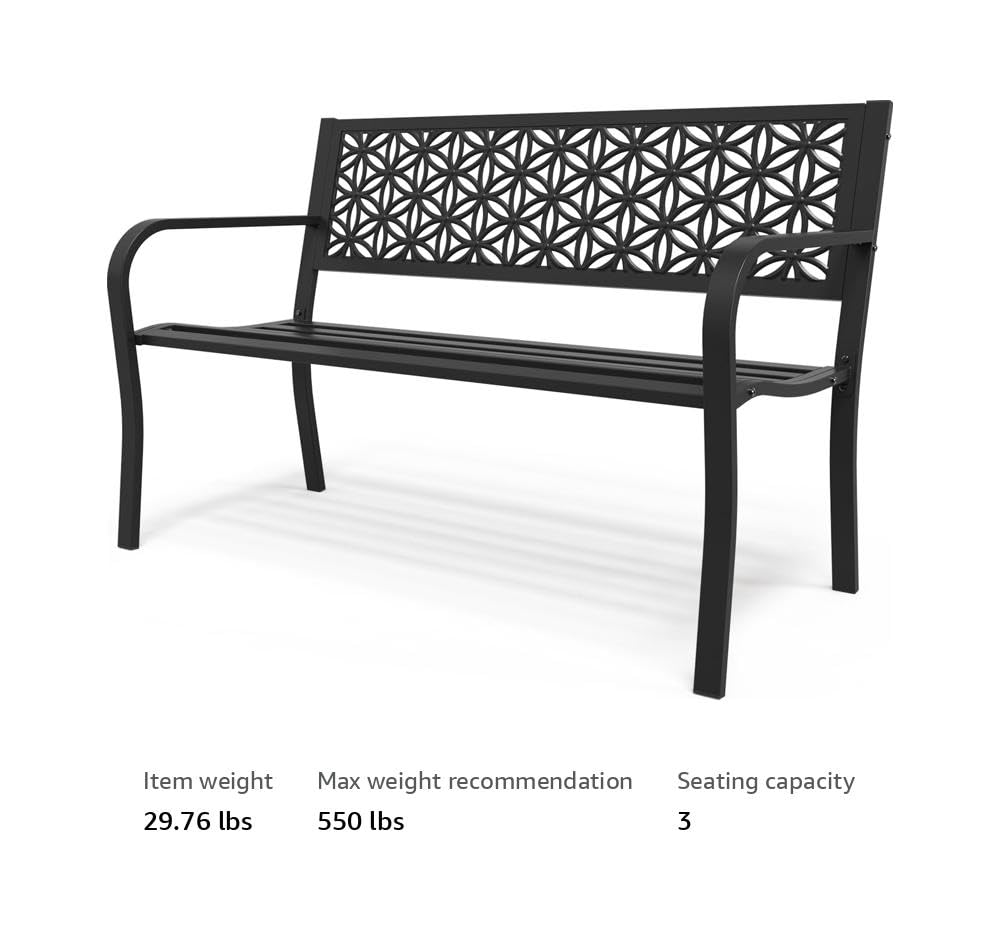 50" Outdoor Bench Metal with Floral Back Black