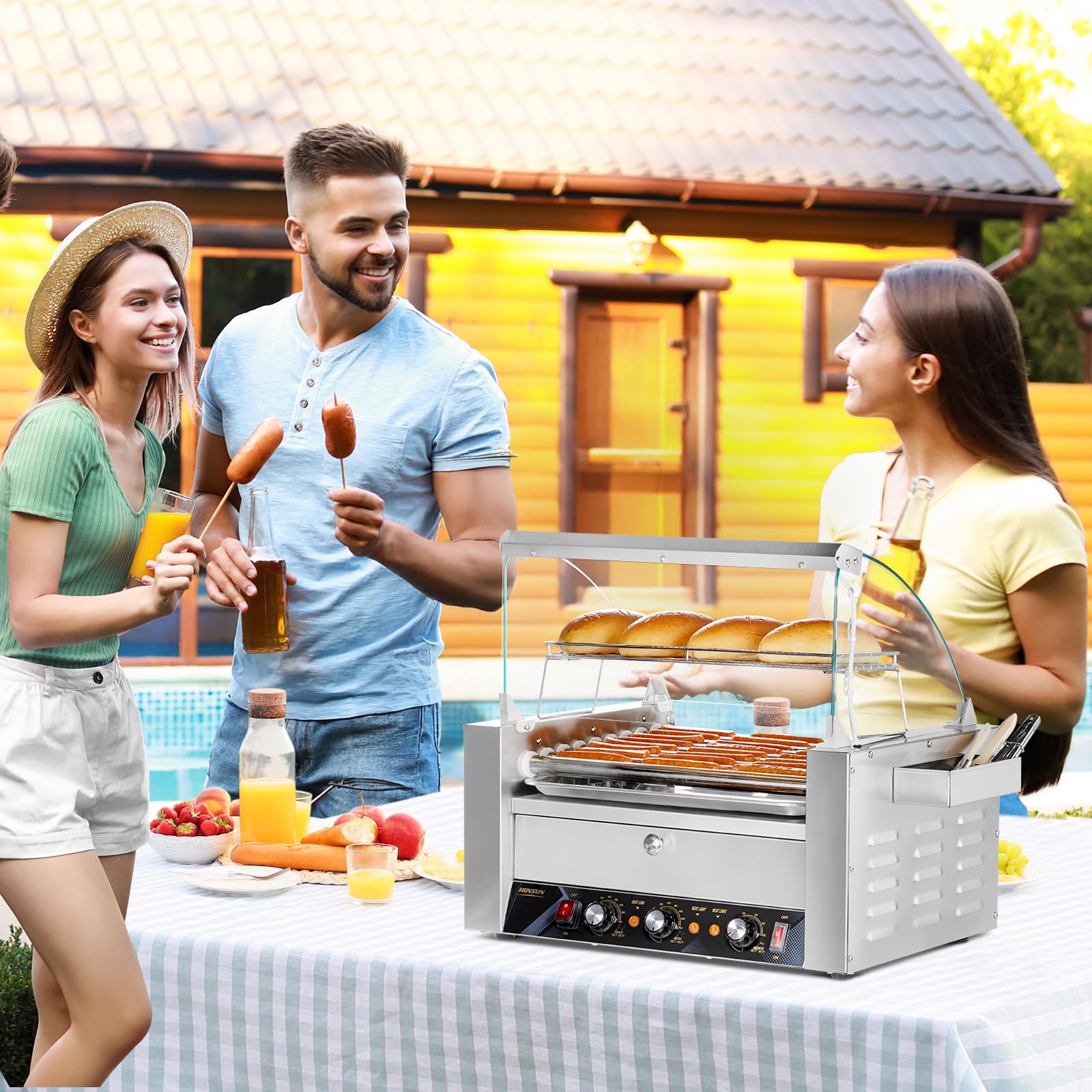ROVSUN 9 Rollers 1,500W 110V 24 Hot Dog Roller Grill with Bun Warmer