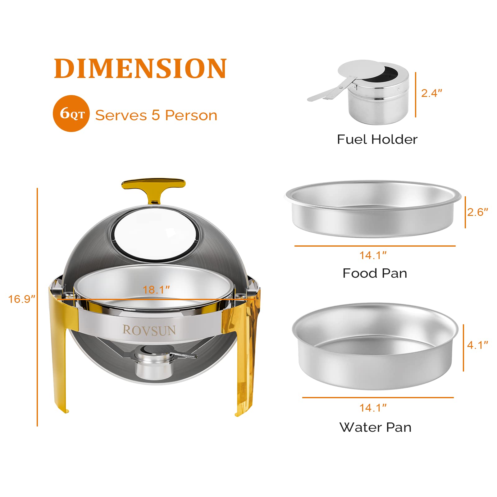 ROVSUN 6 QT Roll Top Round Silver Gold Chafing Dish Buffet Set with Visible Window