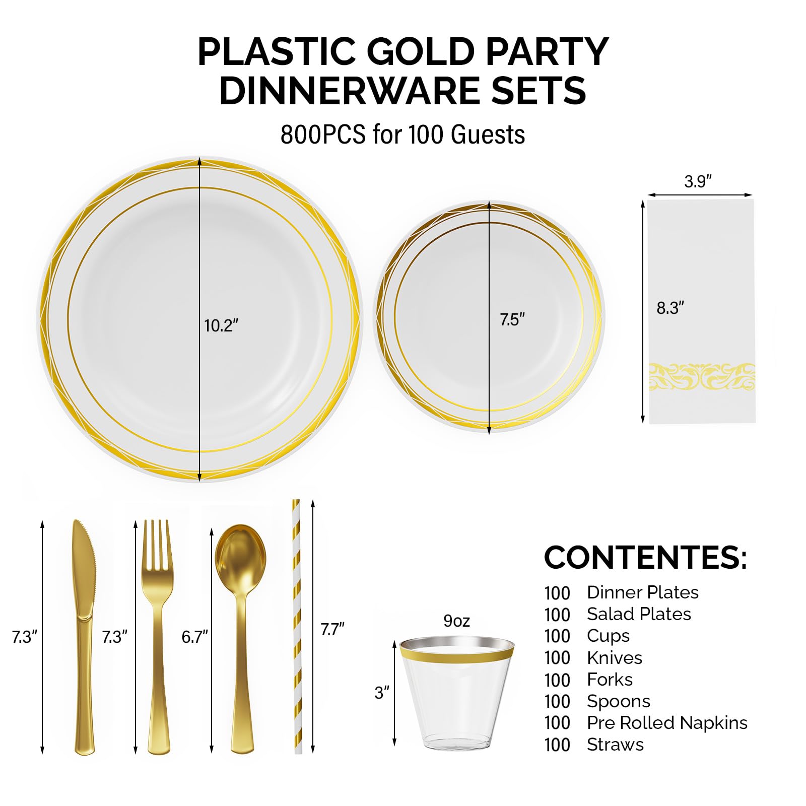 ROVSUN 800 Pieces Gold Disposable Plastic Dinnerware Set for 100 Guests