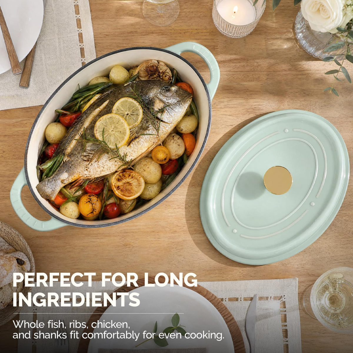 ROVSUN 7.5 QT Oval Enameled Cast Iron Dutch Oven Pot Green