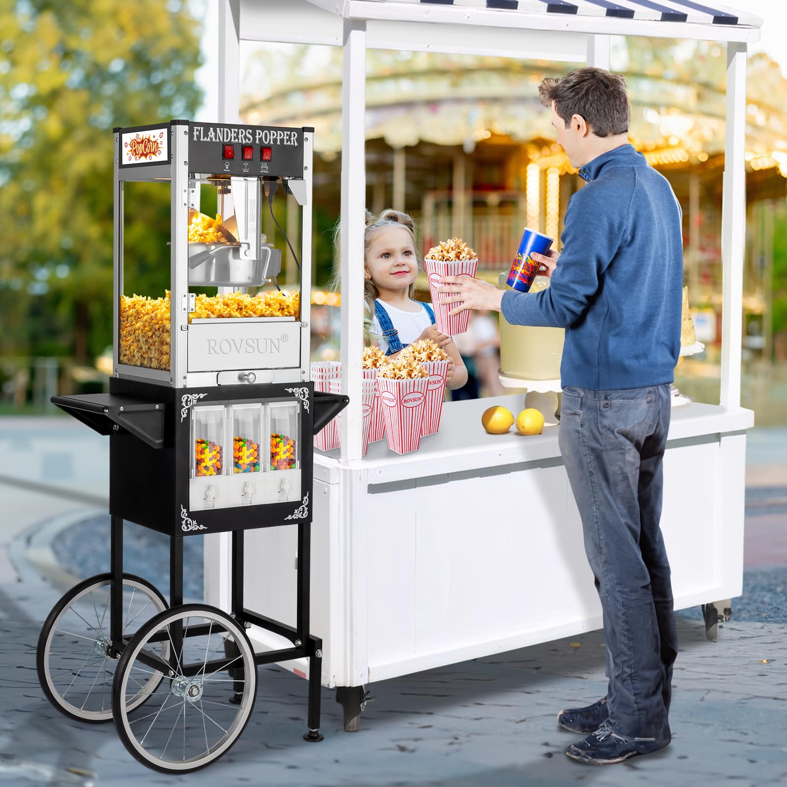 ROVSUN 8 oz Black Popcorn Machine with Cart & Candy Dispenser
