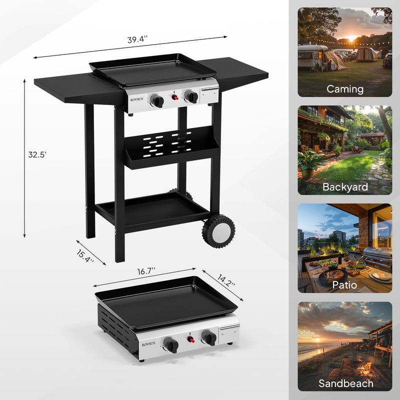 ROVSUN 2 Burner 20000 BTU Portable Propane Rolling Flat Top Gas Grill with Stand