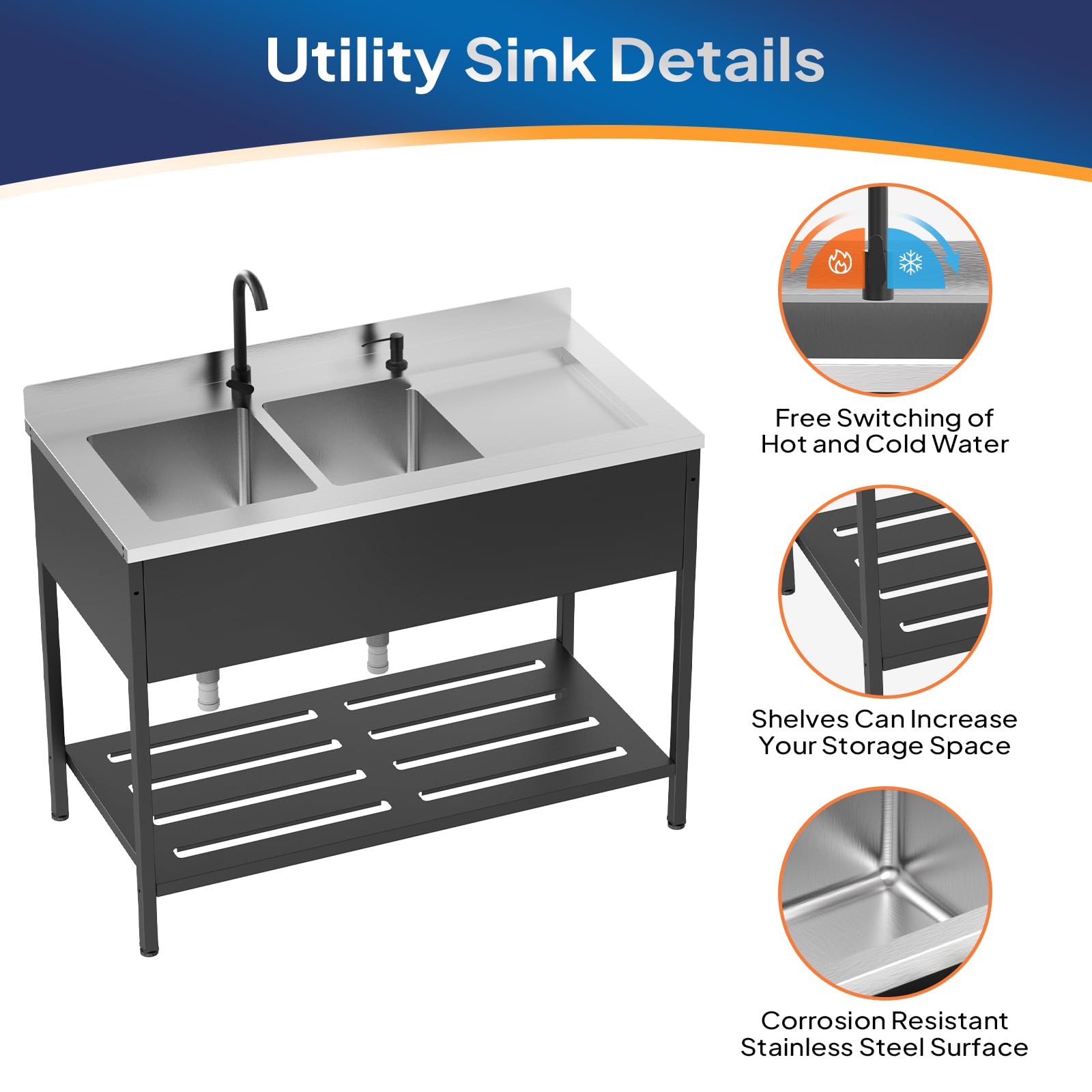 ROVSUN 48" x 24" Stainless Steel Double Bowl Utility Sink with Faucet